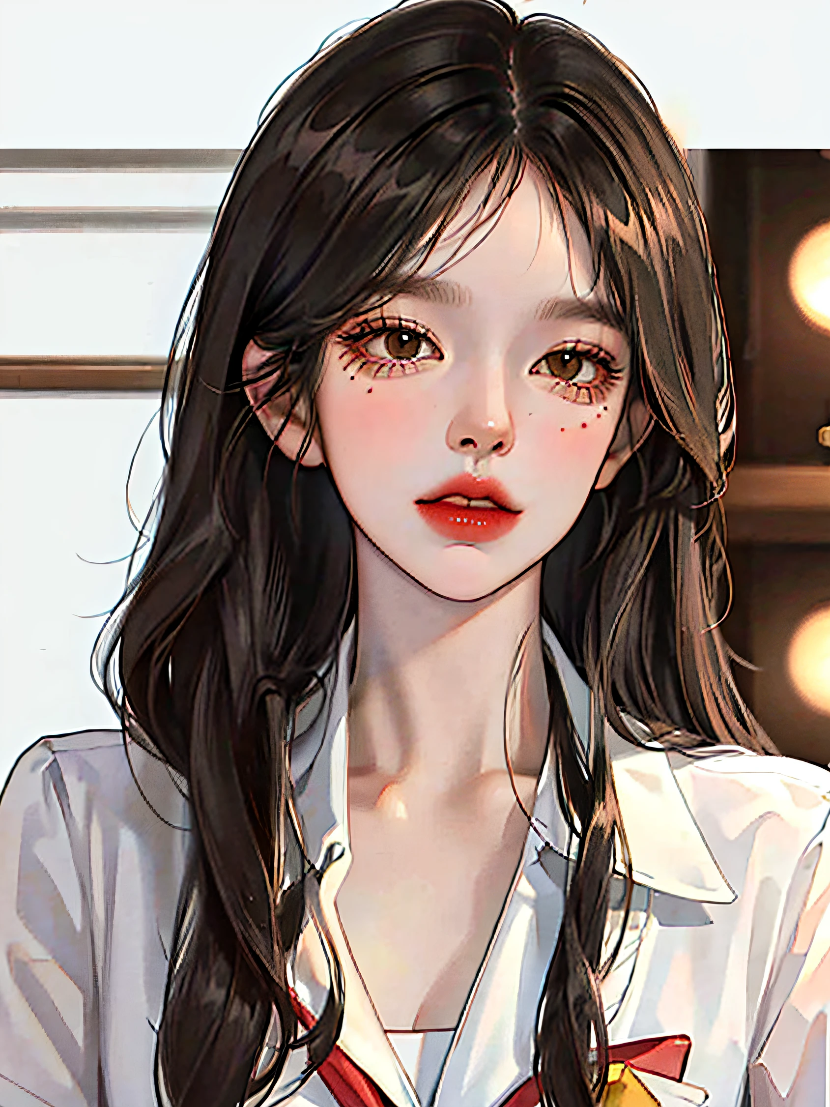 (highest resolution, distinct_image) The best quality, a woman, masterpiece, highly detailed, (semi-realistic), long black hair, long straight hair, black hair bangs, mature, cherry glossy lips, white background, close-up portrait, solid circle eyes, ************, beautiful face, fit body, brown eyes, wear Korean school uniform, high school student, wearing jewelry