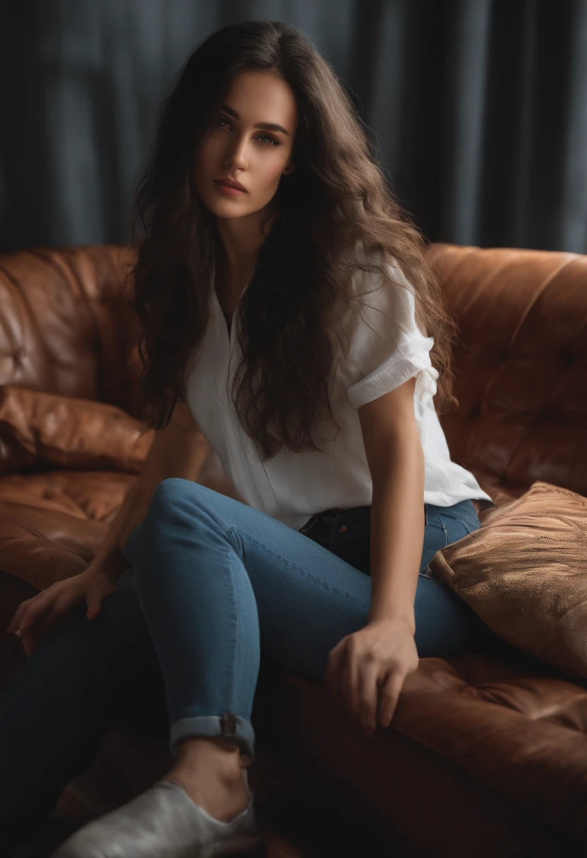 1girl,solo,best quality, masterpiece, 8k,raw photo, photo (object), extremely detailed, raw,realistic,sitting, looking at viewer,jeans,white t-shirt,long hair,black hair, couch,