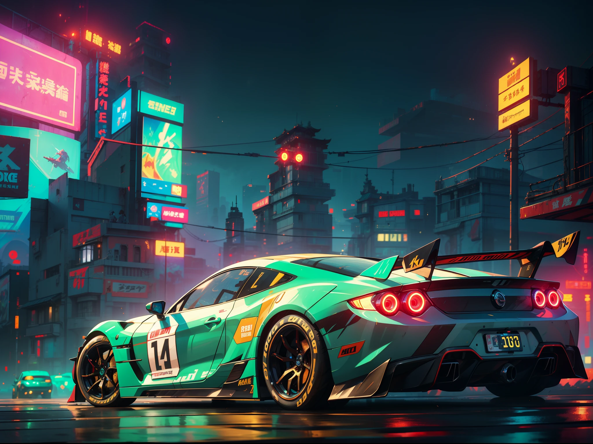Best quality, masterpiece, ultra high res, Capture the adrenaline-fueled excitement of a sleek, high-performance racing car dripping, red, blue, fires, neon light, dust, full car show, from side, cyberpunk racing car, tokyo cyberpunk night,Detailed,Realistic,4k highly detailed digital art,octane render, bioluminescent, BREAK 8K resolution concept art, realism,by Mappa studios,masterpiece,best quality,official art,illustration,ligne claire,(cool_color),perfect composition,absurdres, fantasy,focused,rule of thirds,