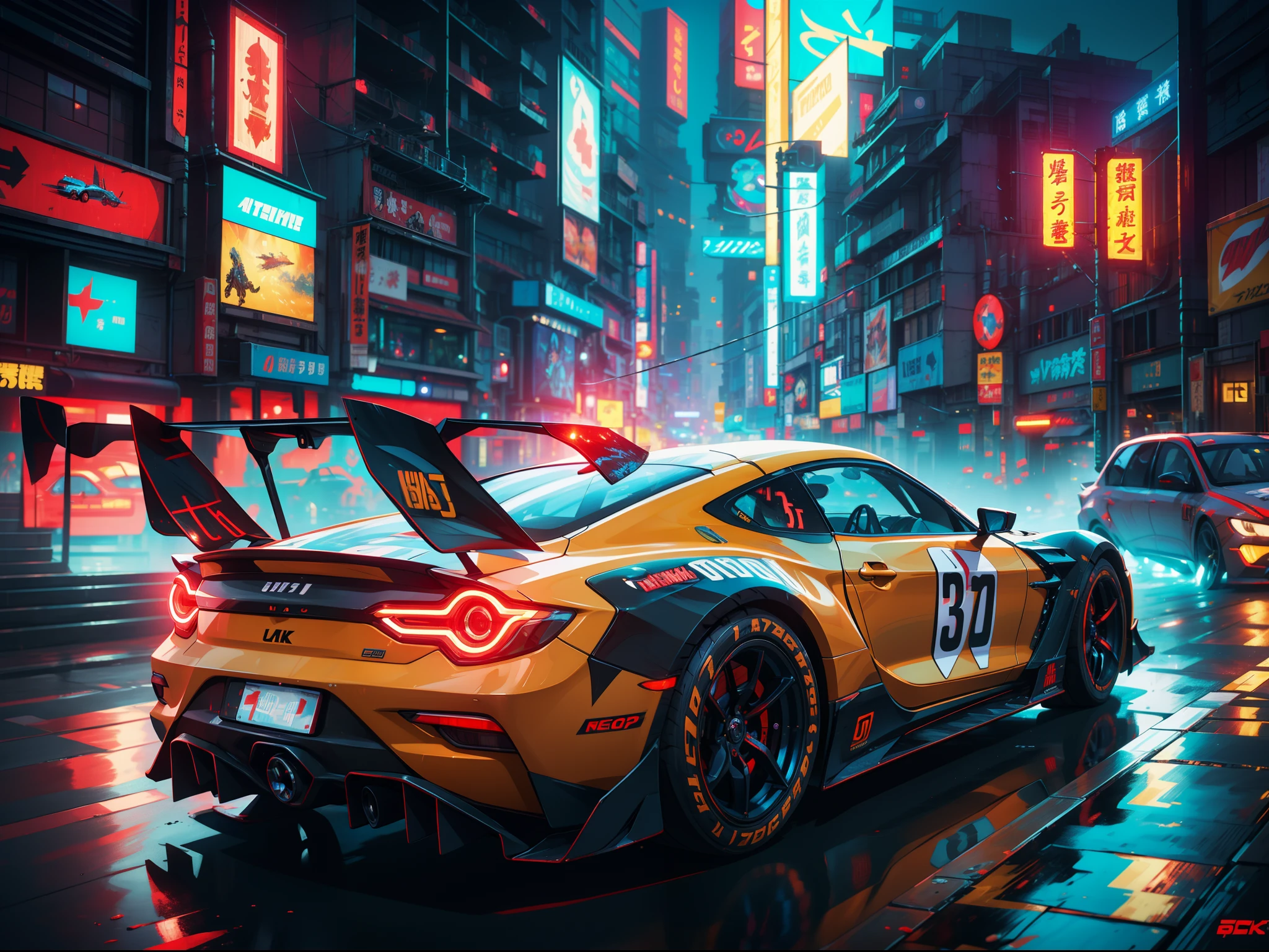 Best quality, masterpiece, ultra high res, Capture the adrenaline-fueled excitement of a sleek, high-performance racing car dripping, red, blue, fires, neon light, dust, full car show, from side, cyberpunk racing car, tokyo cyberpunk night,Detailed,Realistic,4k highly detailed digital art,octane render, bioluminescent, BREAK 8K resolution concept art, realism,by Mappa studios,masterpiece,best quality,official art,illustration,ligne claire,(cool_color),perfect composition,absurdres, fantasy,focused,rule of thirds,