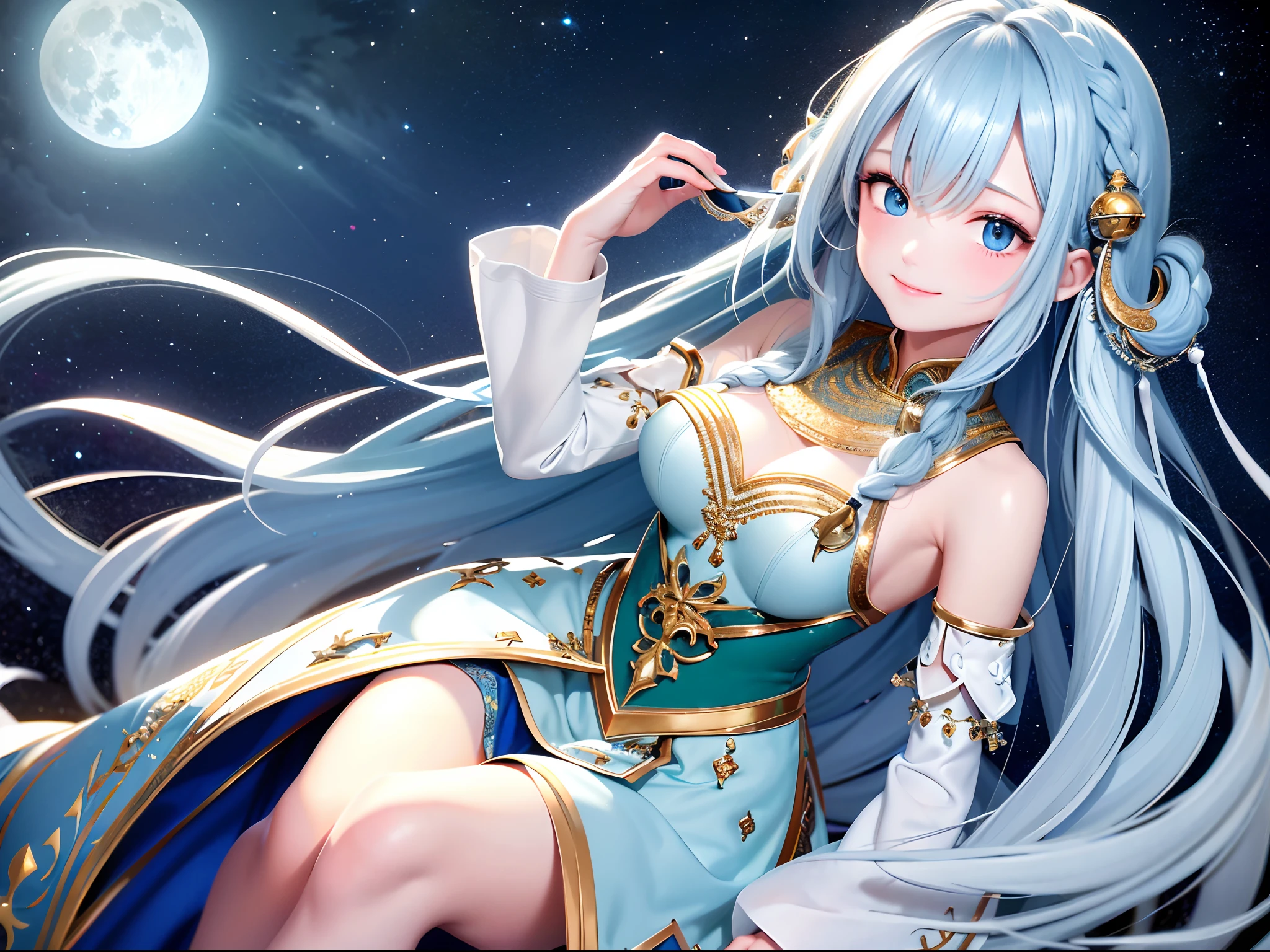 top-quality、masterpiece、long hair of dark light blue color、emerald eyes、white clothes、look up to、The upper part of the body、Hair strands、light skinned、Side braid、Big yellow full moon on background、Open your mouth slightly and smile、Looking at the camera