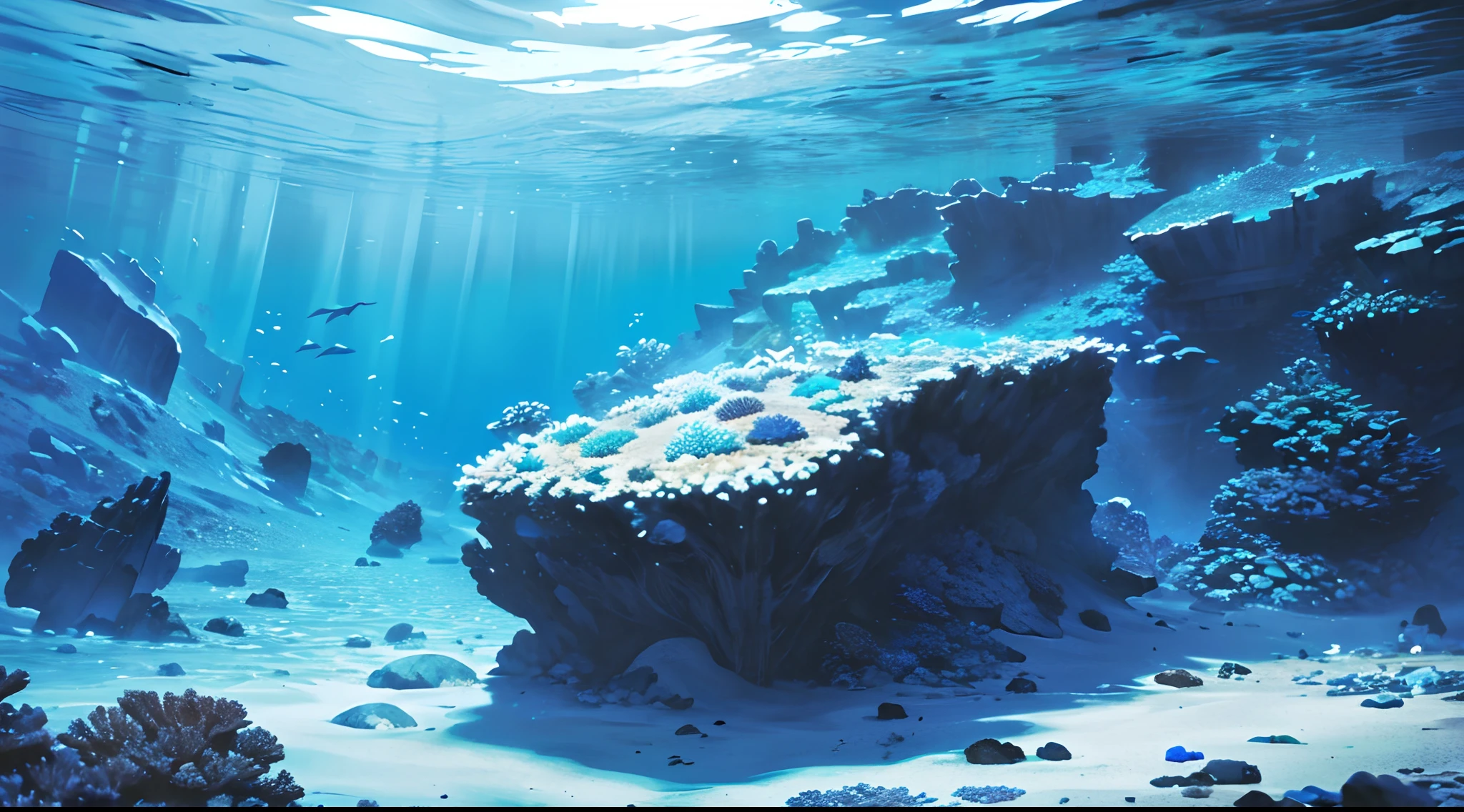 (Masterpiece, Best quality, ultra high resolution),a reef, corals,rocks,(grey and blue theme),