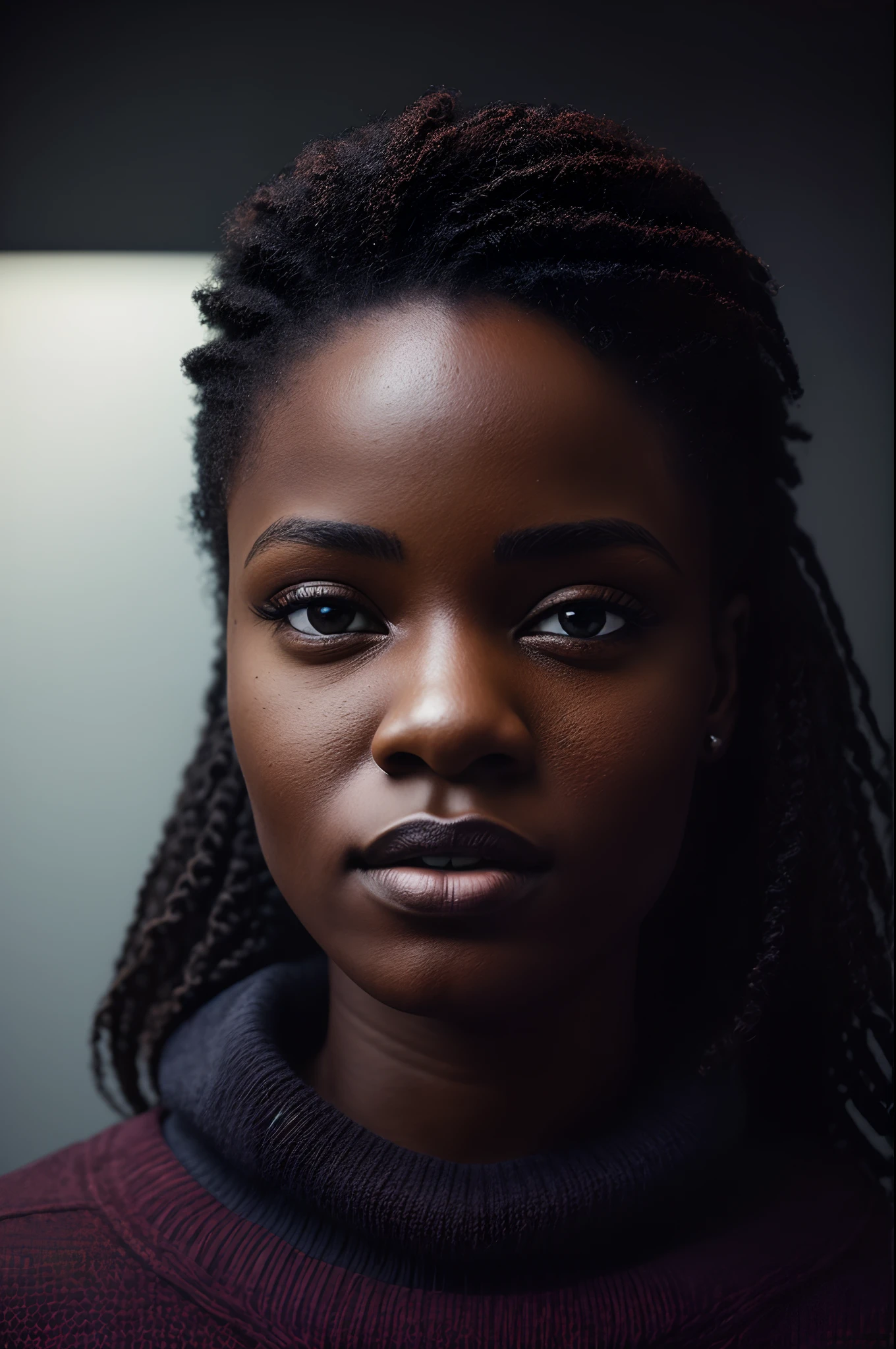 (close-up, editorial photograph of a 21 year old black woman), (highly detailed face:1.4) (smile:0.7) (background inside dark, moody, private study:1.3), ((using a sweater)), ((natural light)), POV, by lee jeffries, nikon d850, film stock photograph ,4 kodak portra 400 ,camera f1.6 lens ,rich colors ,hyper realistic ,lifelike texture, dramatic lighting , cinestill 800,