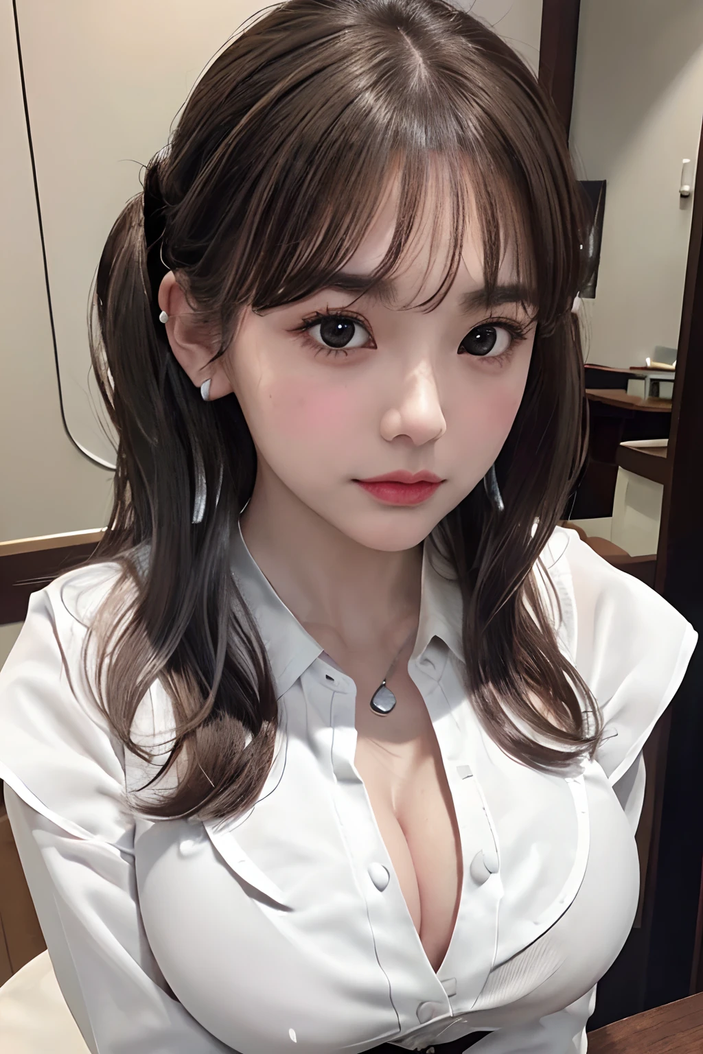 (8K:1,5),Light brown fringed hair mixed with silver、Double hair buns、Light brown eyes、(dignified expression)、(rounded bursting chest:1.55)、Emphasize the valley、(Photorealsitic)、Shadow、(The face of the golden ratio:1.2)、(intricate detailes:1.2)、(masterpiece、:1.3)、(top-quality:1.4)、(超A high resolution:1.2)、超A high resolution、(A detailed eye)、(Detailed ears)、(Detailed eyebrows)、(Detailed mouth)、(detailed facial features)、((Silver necklace))、Luxury Night Bar,(School uniform:1.2),(gals:1.2),(White shirt:1.3),((cleavage,Unbuttoned):1.2),
