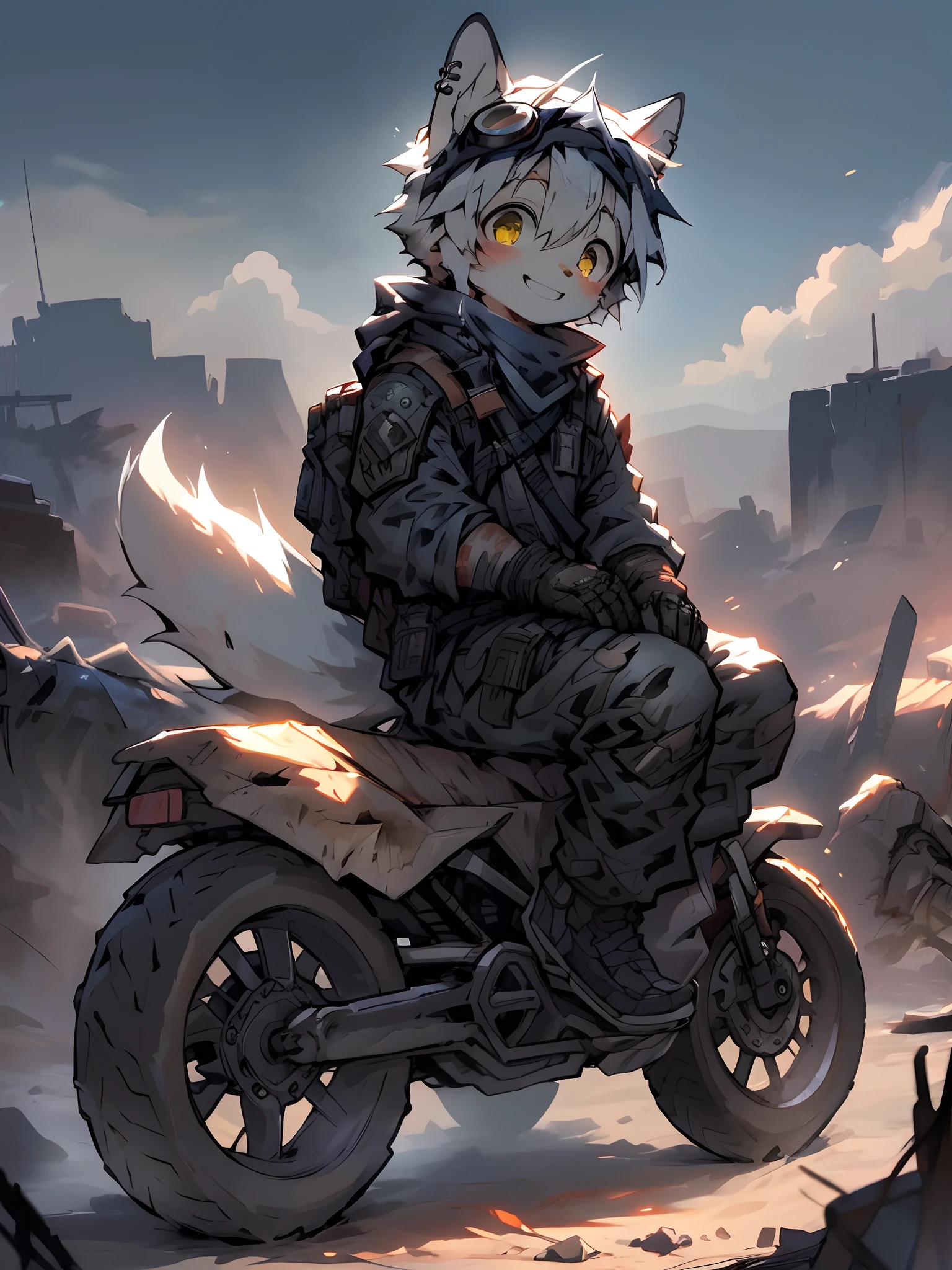 The cutest young happy and smiling steampunk fox boy, black hair, yellow eyes, wearing highly detailed steampunk tactical gear and goggles, post apocalyptic motorcycle, tons of tattoos and piercings, in post apocalyptic wasteland, incredible highly detailed background, beautiful bright and sunny day, metal fragments blowing in the wind, ambient lights、Natural soft light、Tyndall effect, Advanced film lighting、Unreal Engine5、Extremely realistic、A high resolution、adolable,by Pino Daeni, canyne khai, milkytiger1145, Dagasi, Yupa, perfect masterpiece, high quality, high resolution