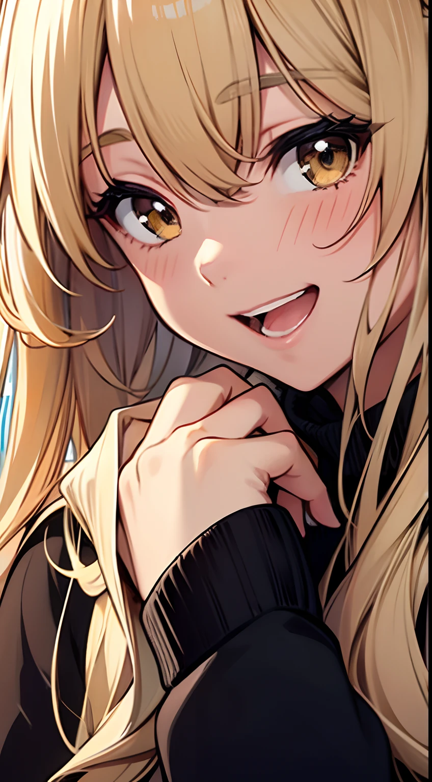 ((Miyuki)) blonde long hair, cute girl, black sweater, laugh, close up