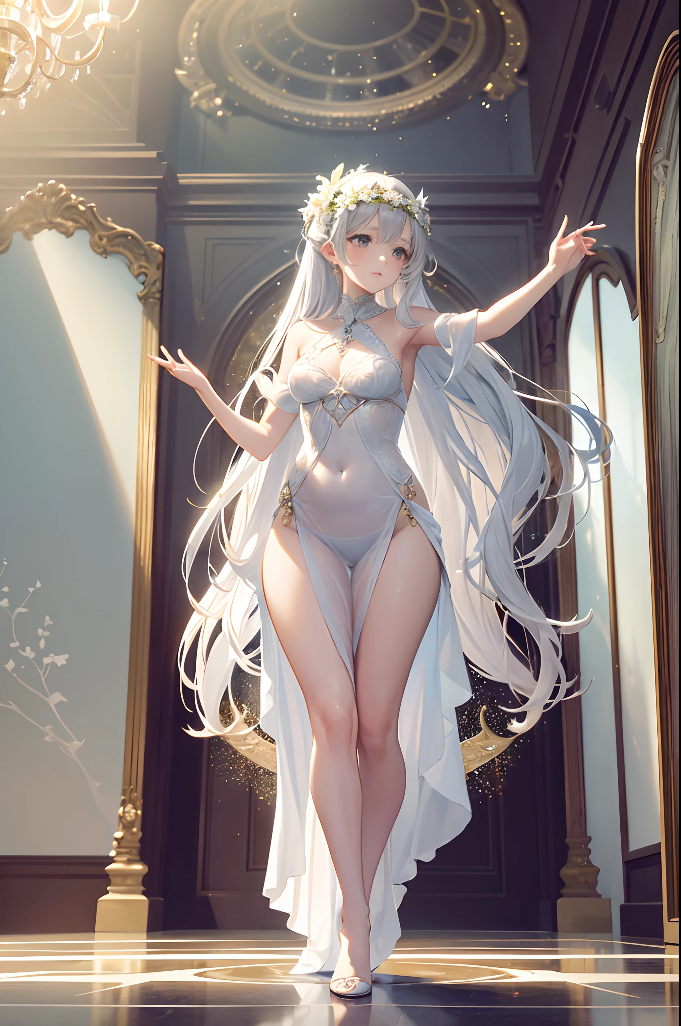 A dancing girl in a white flowery modest gown in a hall of decadent mirrors, her reflections clear across the magnificant hall that tapers towards eternity in a sea of birthing stars that herald the start of a nexus of incandescent possibilities