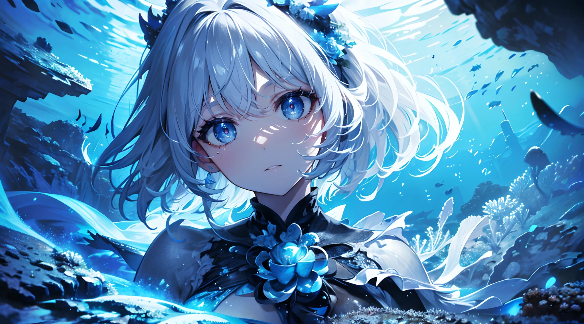 (Masterpiece, Best quality, ultra high resolution),1girl,beautiful and detailed face, detailed eyes,on a reef, corals,rocks,(grey and blue theme),