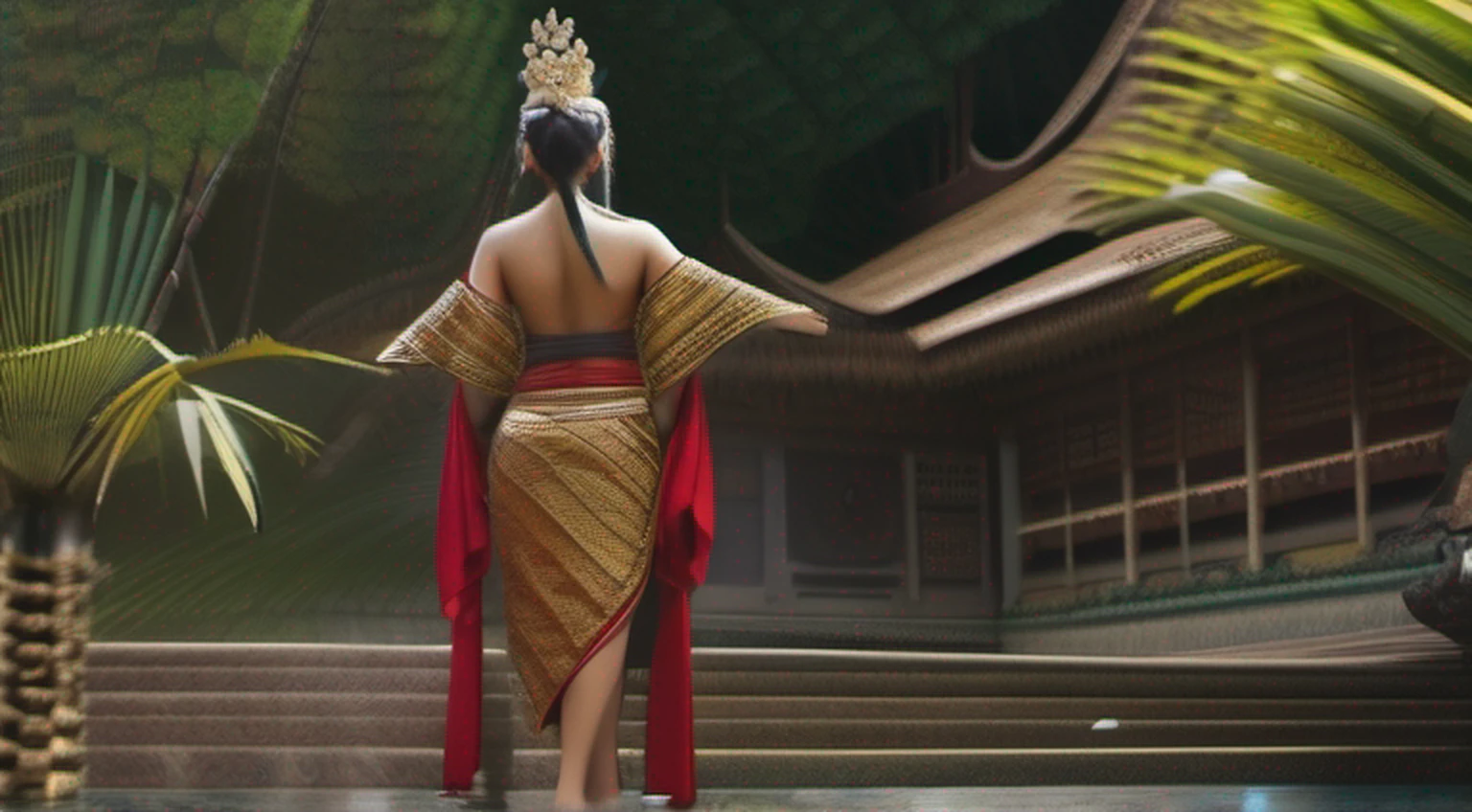 Scenery of ancient Southeast Asia、Mulher se abaixando para lavar roupa na parte rasa de um riacho、Palmeira、bananeiras、master part, melhor qualidade, 4k, 8k, Realistic、foto realista、.RAW, fotografia、fotografia, anatomia perfeita