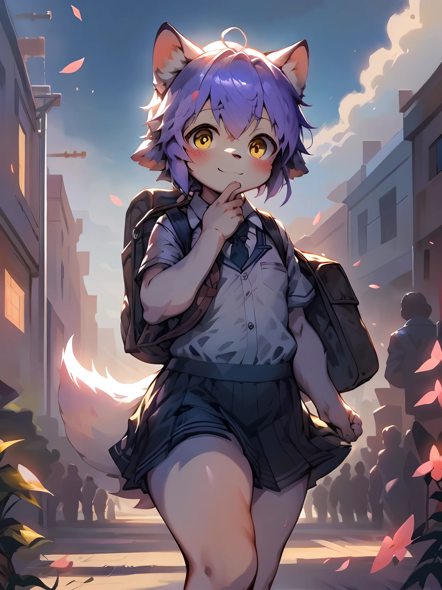 The cutest young happy and smiling fox girl, purple hair, yellow eyes, wearing school girl uniform and backpack, at school academy campus, highly detailed background, bright sunny day, cherry blossoms blowing in the wind, ambient lights、Natural soft light、Tyndall effect, Advanced film lighting、Unreal Engine5、Extremely realistic、A high resolution、adolable，by Pino Daeni, canyne khai, milkytiger1145, Dagasi, Yupa, perfect masterpiece, high quality, high resolution