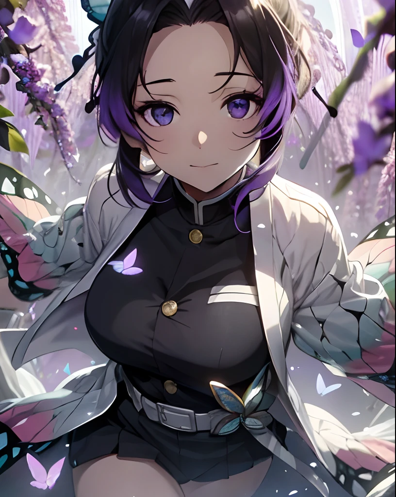 Ultra-realistic 8kCG,tmasterpiece,((hyper detailed background,delicate patterns,intricate-detail)),best qualtiy,extremely detailed man,extremely detailed eye and face,extremely detailed eye,kochou shinobu,O cabelo multicolorido,No bangs,Hair intake,Black eye,Cap,Black shirt,Black panties,haori,butterflys,Strip Strip,(Trepical Garden:1.2),purple flower,Mostly cloudy sky,rays of sunshine,Tyndall effect,gradient_Heaven,faces,Beautiful sky,Saber on the waist,enchanting posture,(large full breasts:1.3),(cleaveage:1.3),(Off-the-shoulder costumes:1.5)
