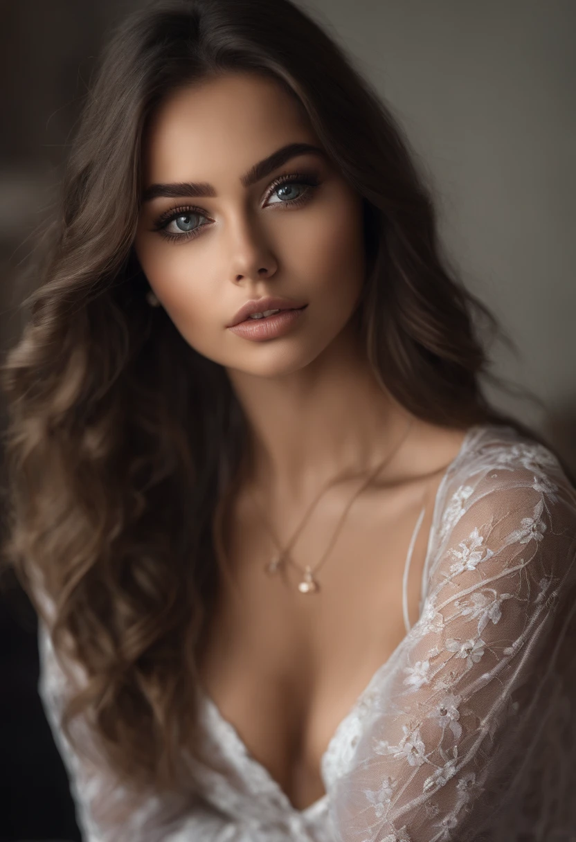 Arafed woman completely , fille sexy aux yeux bruns, ultra realist, Meticulously detailed, Portrait Sophie Mudd, cheveux bruns et grands yeux, selfie of a young woman, Dubai Eyes, Violet Myers, sans maquillage, maquillage naturel, looking straight at camera, Visage avec Artgram, Maquillage subtil, Great photo of the whole body kneeling on the bed, dans la chambre, Medium to large bikini bust, montre ses pieds nus