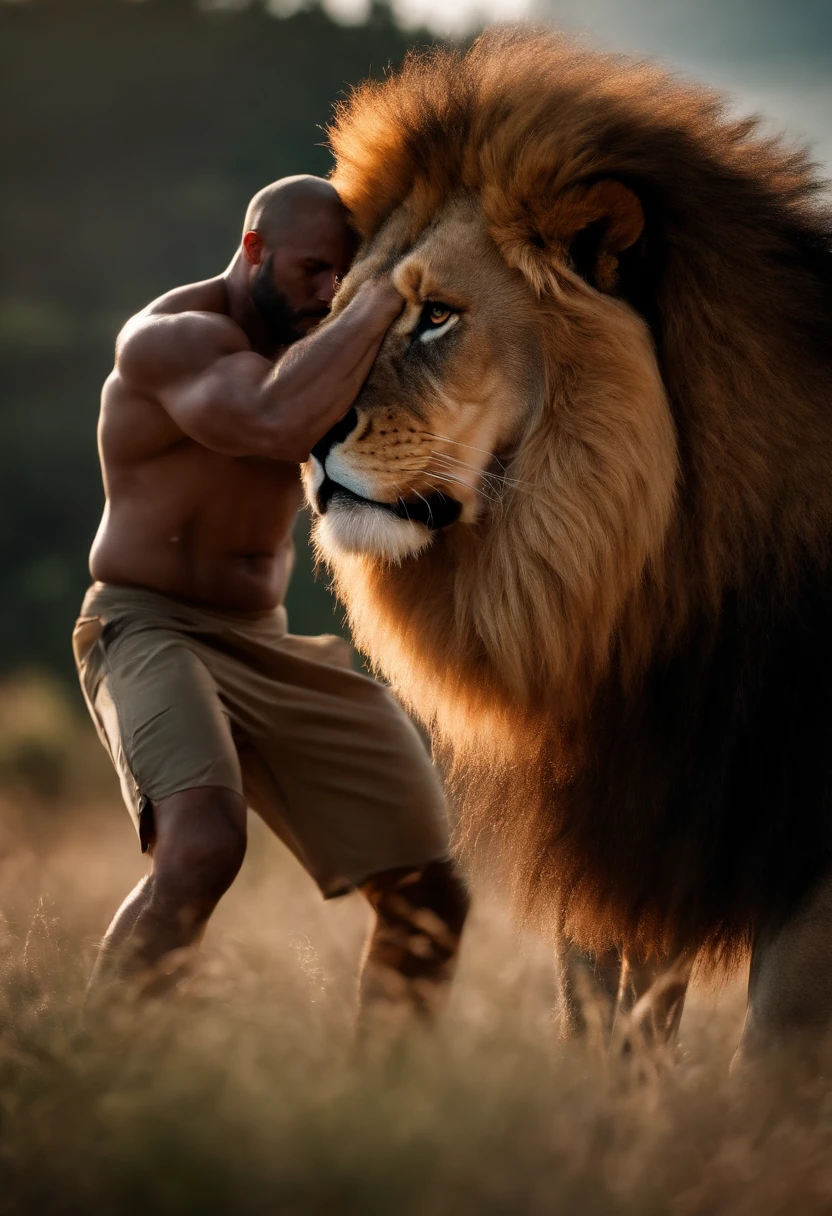 Strong built man battle with a natural high quality male lion