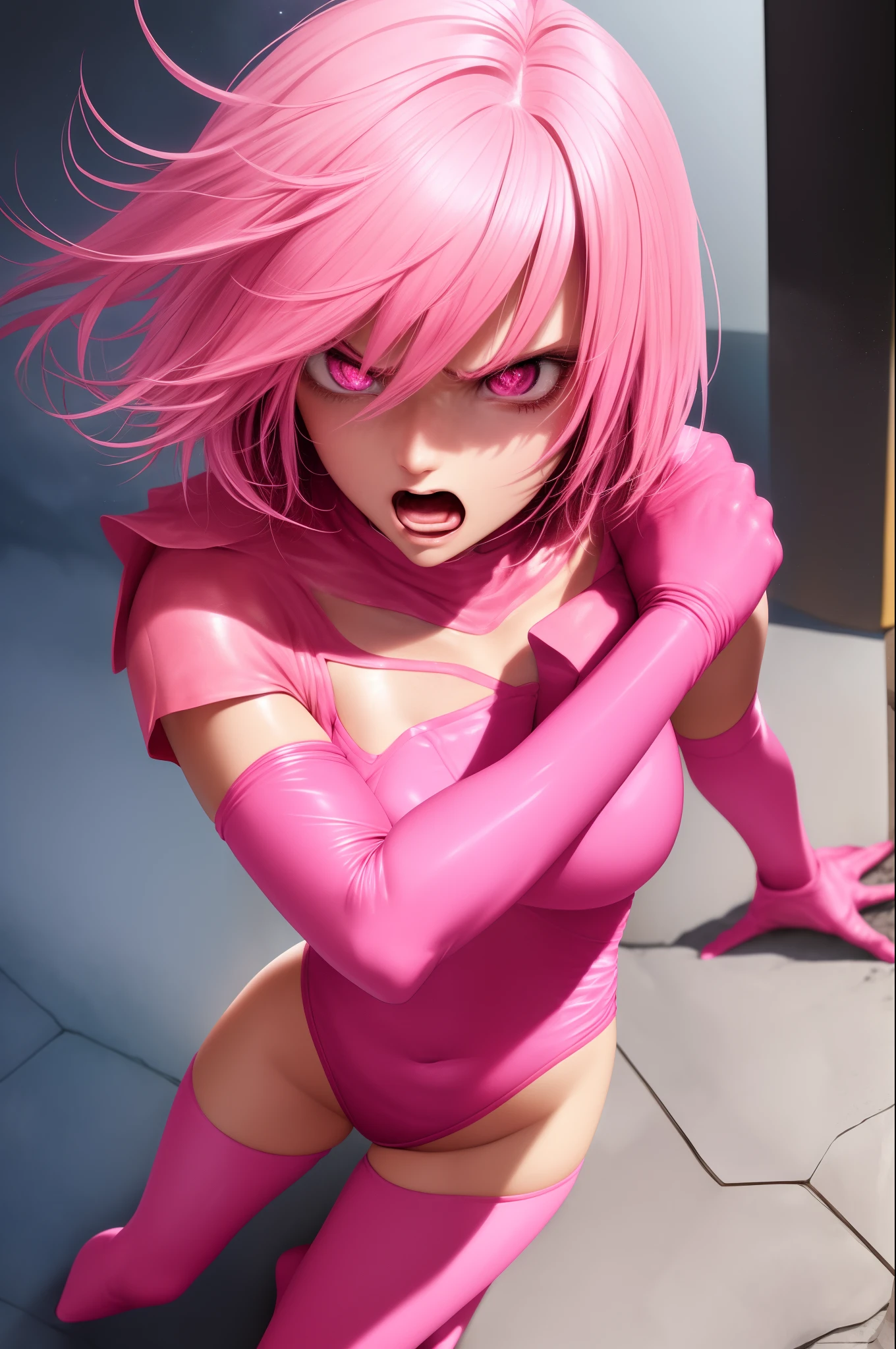 masterpiece, best quality,  upper body, face, torso, detailed skin, [anime|realistic|anime], from above, looking up, angry expression, open mouth, particles in air, cinematic lighting,  BREAK,
short and (messy pink hair), (glowing pink eyes), pink eyebrows, (pink cape:1.2), medium breasts,  (elbow gloves), white thighhighs, pink lipstick, (leotard), clenched fists, fighting stance