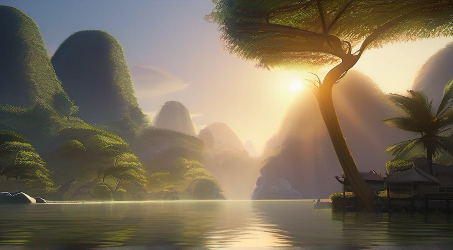 Tranquil scenery of ancient Southeast Asia、bananeiras、Residents are fishing in a creek、master part, melhor qualidade, 4k, 8k, Realistic、foto realista、.RAW, fotografia、fotografia, anatomia perfeita