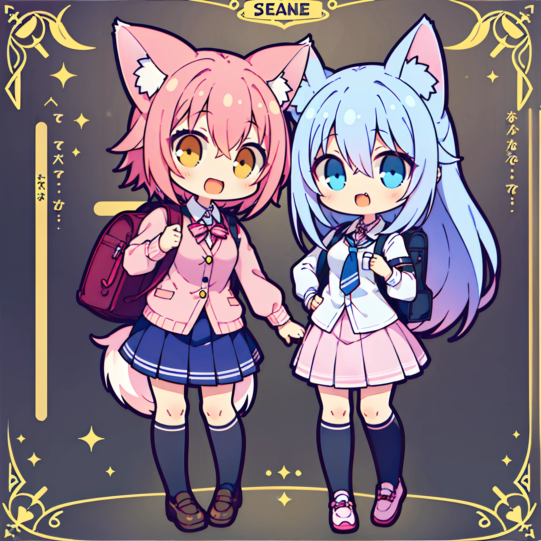 (2 girls) The cutest chibi fox girls, (1 girl pink hair, blue eyes) (1 girl purple hair, yellow eyes) wearing highly detailed school uniforms and backpacks, tattoos and piercings, school academy campus, cherry blossoms blowing in the wind, perfect masterpiece, high quality, high resolution