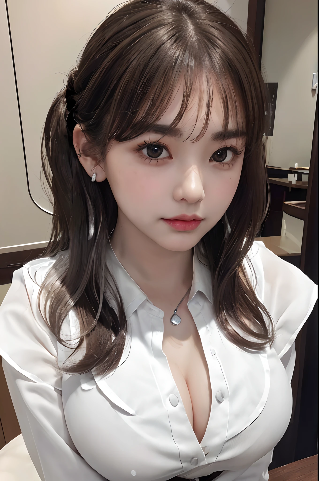 (8K:1,5),Light brown fringed hair mixed with silver、Double Hair Buns、Light brown eyes、(dignified expression)、(rounded bursting chest:1.55)、(Emphasize the valley:1.2)、(Photorealsitic)、Shadow、(The face of the golden ratio:1.2)、(intricate detailes:1.2)、(​masterpiece、:1.3)、(top-quality:1.4)、(超A high resolution:1.2)、超A high resolution、(A detailed eye)、(Detailed ears）、(Detailed eyebrows)、（Detailed mouth）、(detailed facial features)、((Silver necklace))、Luxury Night Bar,(School uniform:1.2),(gals:1.2),(White shirt:1.3),((cleavage,Unbuttoned):1.2),Countless blurry neon backgrounds