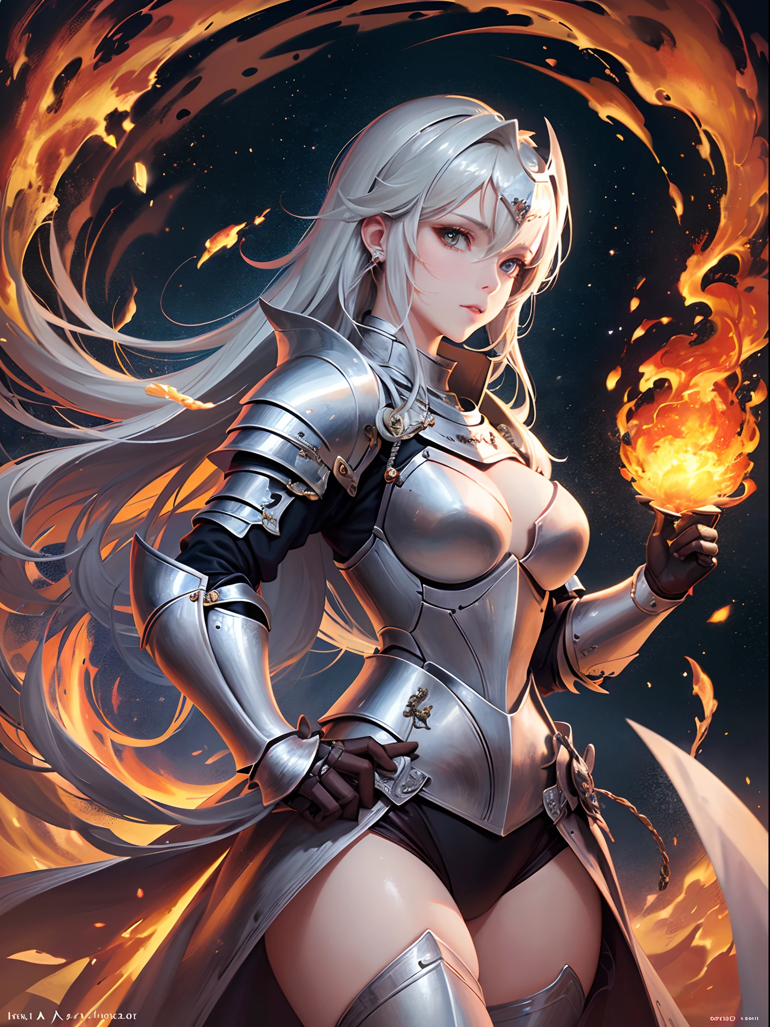 (Finest quality)),(超A high resolution),(ultra-detailliert),(Meticulous portrayal),((best pictures)),(Finest works of art),Ultra-Precision Art,The art of astounding depiction, Fantasyart:1.5,Torrent of flames, (1 Female Knight:1.5),Flaming Sword,Crystal Armor