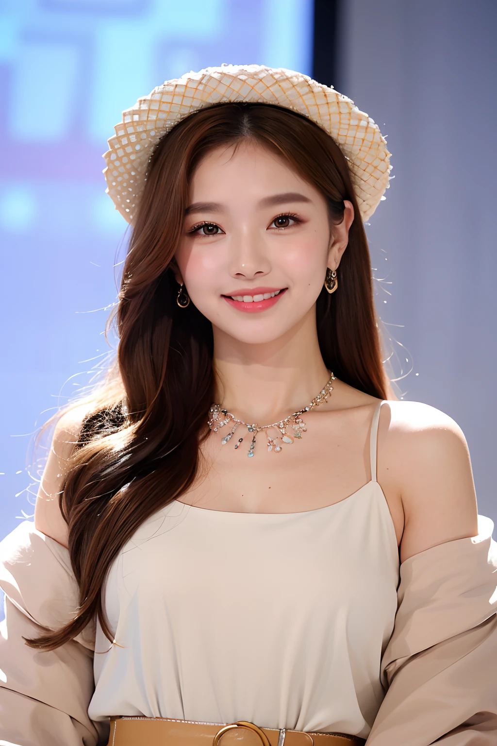 (extra detailed body、extra detailed face、best qualtiy:1.2)、femele、looking at the viewers、(Milk tea brown hair color、Asymmetrical clothing、fashionshow、Fancy piercings、a necklace、large hat、a smile)、(Kaleidoscope in the background)