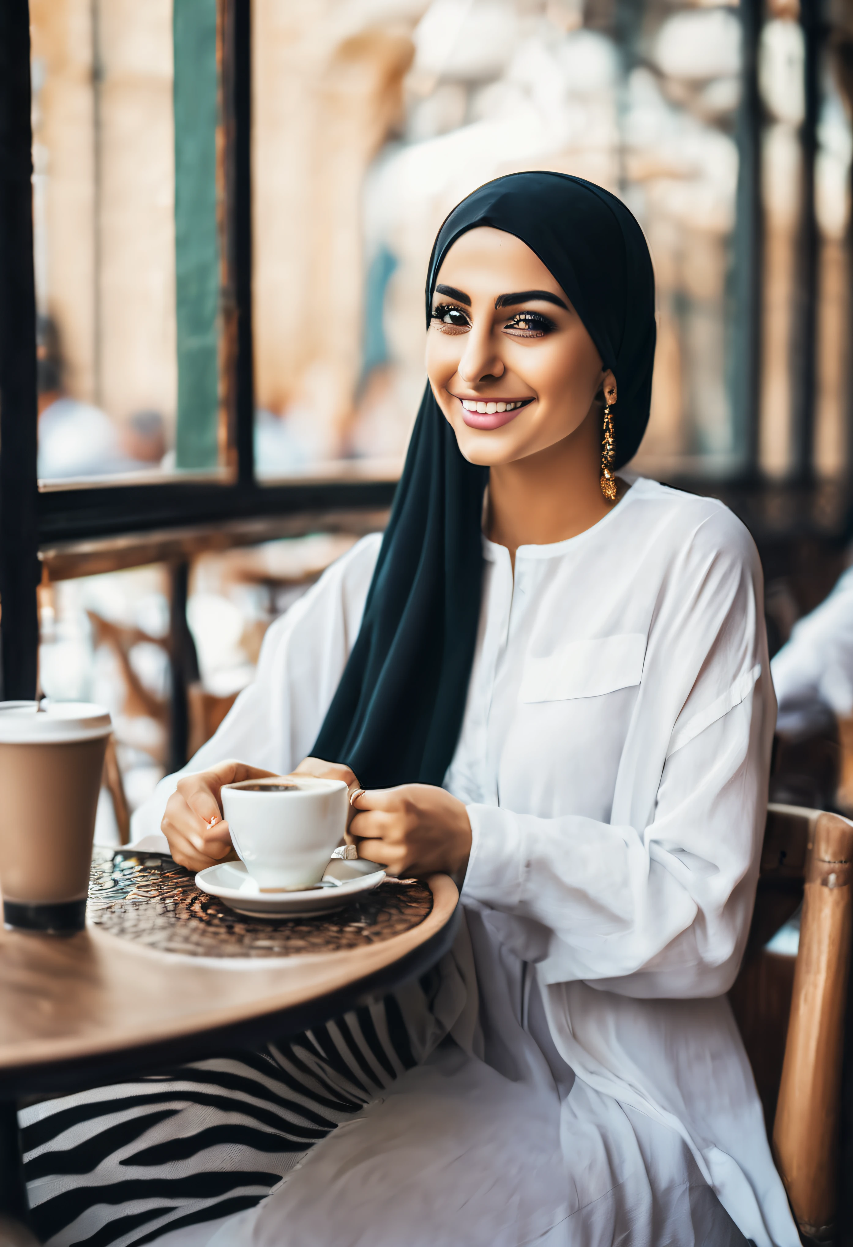 a beautiful arab lady sitting in cafe drinking coffee