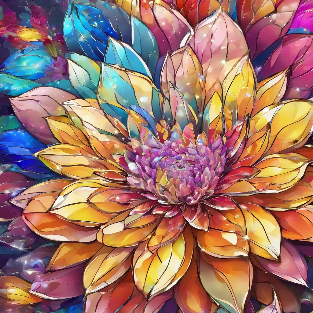 Digital art detailed for the best masterpieces, Highest Quality, with sparkling delicate yellow and pink dahlia flowers with elegant leaves,、Flowers against the background of colorful diamonds, Graceful stems, And delicate, And elegant, flowey, Glittering petals, flowercore, surrounded flower, Radiant magic representing flowers, Beautiful animations, 16k race bright flowers, Beautiful Art U Hard Disk 4k, Detailed Painting in 4K, Beautiful flowers and crystals, Luminous flowers, huge flower, light bloom, full bloom, Glowing flowers with bloom ether effect, Magic colorful flowers with flower pieces in the middle of the garden, floral environment, Beautiful Art U Hard Disk 4k, magical flowers, Flower explosion, Beautiful digital painting detailed in emergency digital photography, Detailed Painting in 4K, background artwork, Flower explosion, Floral flower color, highly-detailed digital painting, Appeared in 4K, Best Quality, hight resolution, 1080p, hard disk, 4K, 8K