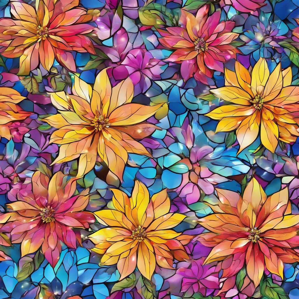 Digital art detailed for the best masterpieces, Highest Quality, with sparkling delicate yellow and pink dahlia flowers with elegant leaves,、Flowers against the background of colorful diamonds, Graceful stems, And delicate, And elegant, flowey, Glittering petals, flowercore, surrounded flower, Radiant magic representing flowers, Beautiful animations, 16k race bright flowers, Beautiful Art U Hard Disk 4k, Detailed Painting in 4K, Beautiful flowers and crystals, Luminous flowers, huge flower, light bloom, full bloom, Glowing flowers with bloom ether effect, Magic colorful flowers with flower pieces in the middle of the garden, floral environment, Beautiful Art U Hard Disk 4k, magical flowers, Flower explosion, Beautiful digital painting detailed in emergency digital photography, Detailed Painting in 4K, background artwork, Flower explosion, Floral flower color, highly-detailed digital painting, Appeared in 4K, Best Quality, hight resolution, 1080p, hard disk, 4K, 8K