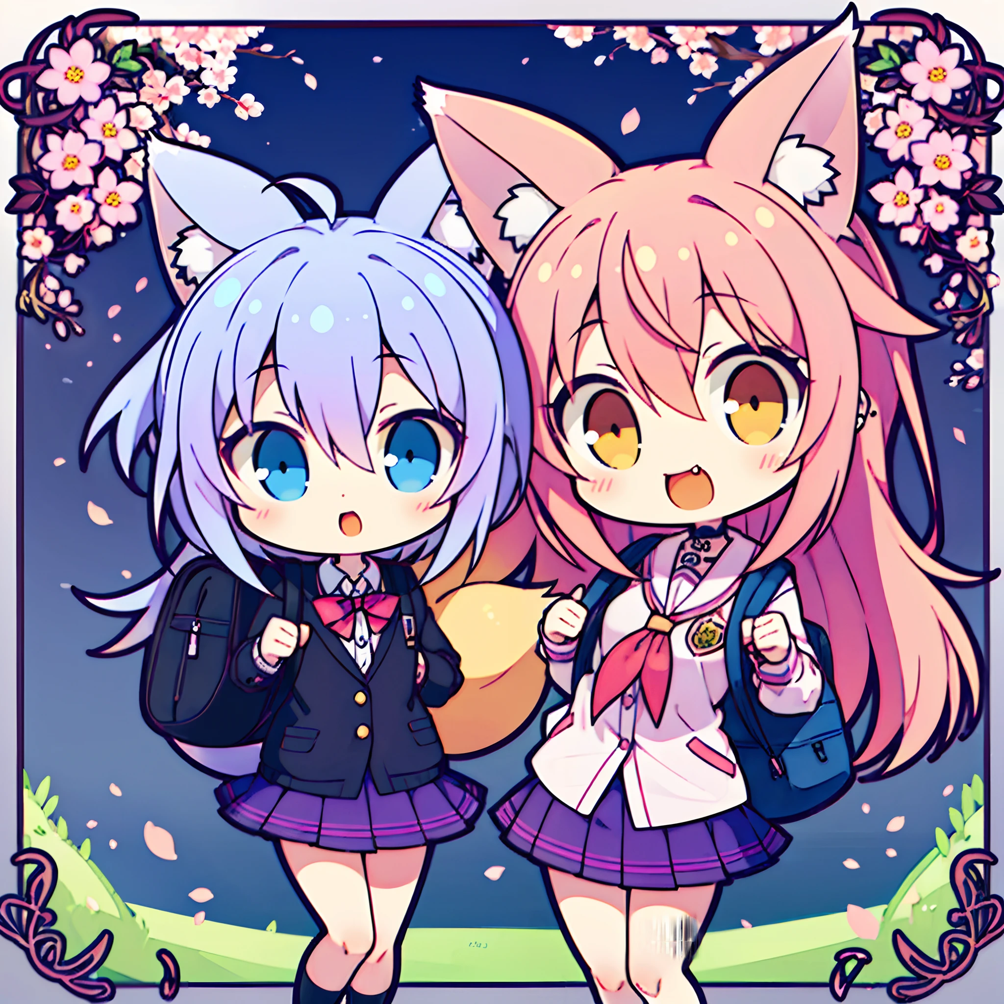 (2 girls) The cutest chibi fox girls, (1 girl pink hair, blue eyes) (1 girl purple hair, yellow eyes) wearing highly detailed school uniforms and backpacks, tattoos and piercings, school academy campus, cherry blossoms blowing in the wind, perfect masterpiece, high quality, high resolution
