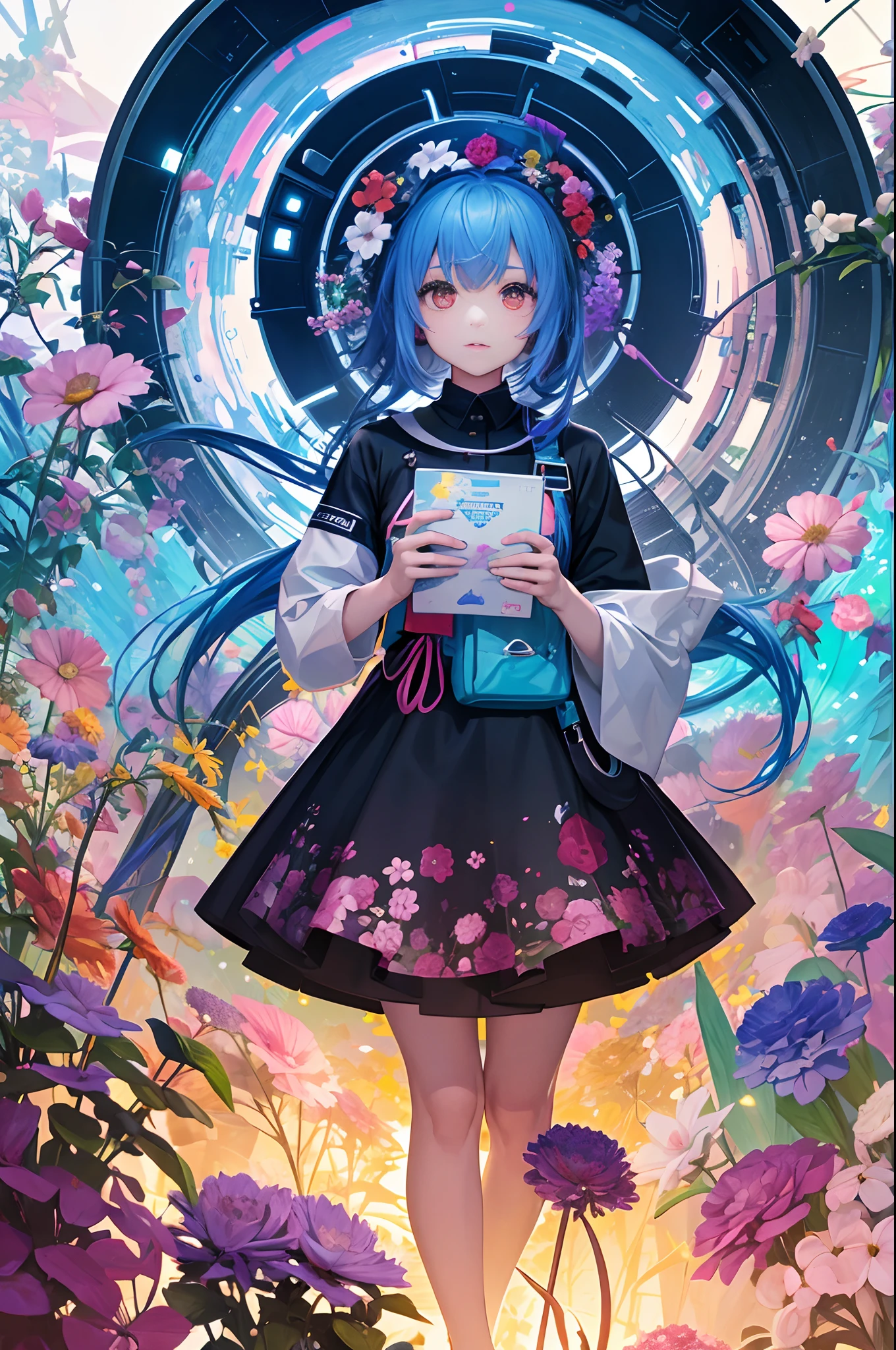 girl in a swirl of colours, fractal, vortex of flowers, modern clothes, industrial lights.