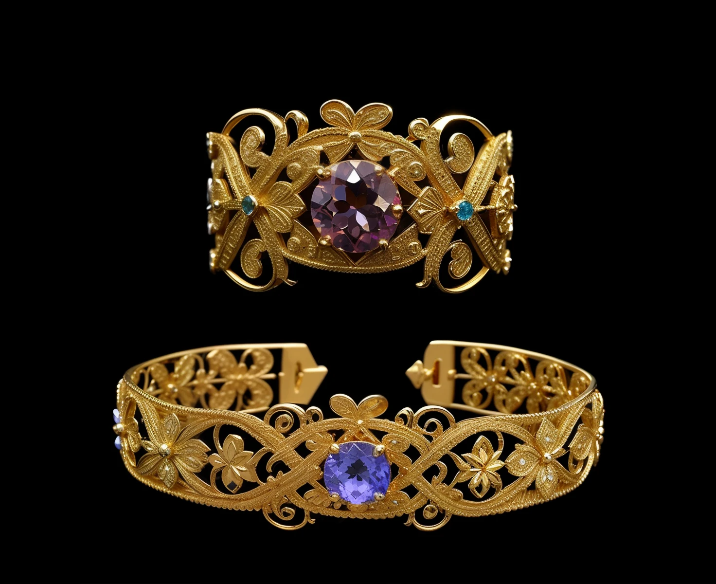 um close up de uma pulseira e um colar de ouro com pedras roxas sobre elas, filigrana de joias de ouro, joias de arte barroca, Joias em filigrana, joias de ouro elaboradas, romano, joias gregas, grecia antiga, joias ornamentadas, joias ornamentadas de ouro, adornos dourados, adornos dourados, ouro dourado e diamantes, early 1st century 9, joias ornamentadas elaboradas, diadema