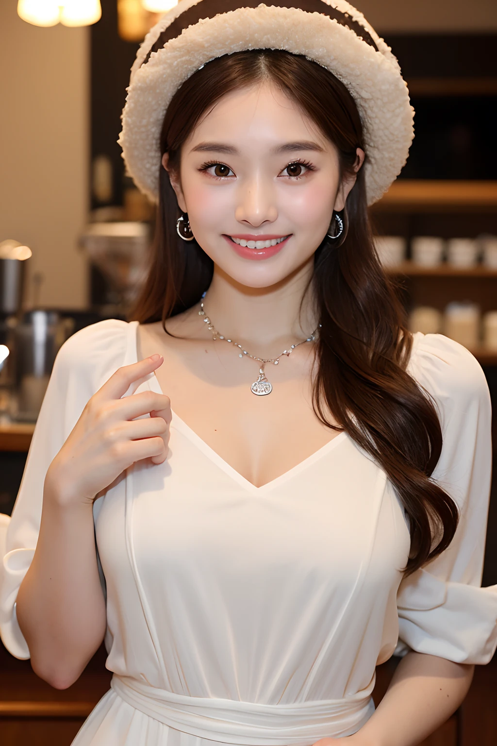 (extra detailed body、extra detailed face、best qualtiy:1.2)、femele、looking at the viewers、(Milk tea brown hair color、Asymmetrical clothing、fashionshow、Fancy piercings、a necklace、a smile、Big wacky hat)、(Cafe in the background)