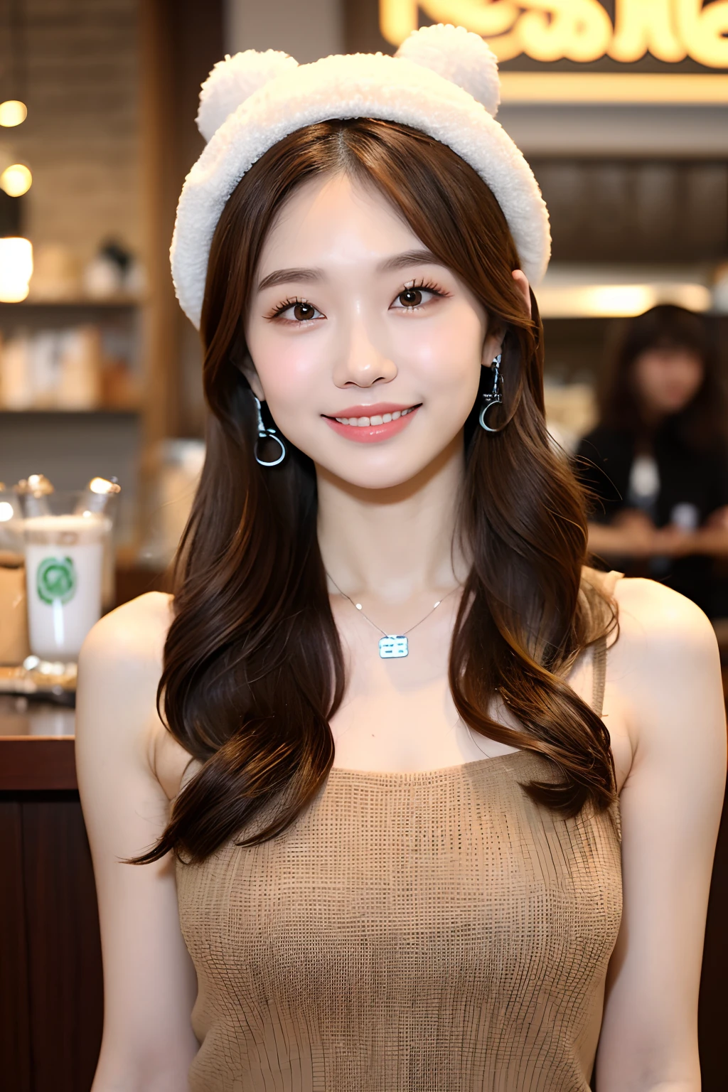 (extra detailed body、extra detailed face、best qualtiy:1.2)、femele、looking at the viewers、(Milk tea brown hair color、Asymmetrical clothing、fashionshow、Fancy piercings、a necklace、a smile、Big wacky hat)、(Cafe in the background)