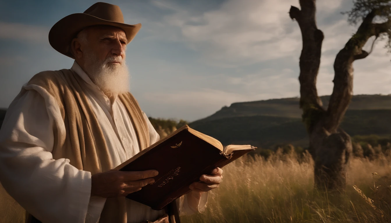 (Biblical times) ao (On the left side of the image is an old man holding a luminous book in his hands) ao (On the right side of the image there is a scary demon) (Biblical times) profundidade de campo, Bokeh, Realismo, fotorrealista, hiper-Realismo, fotografia profissional, 8k UHD , DSLR, HDR , piece of master, melhor qualidade, filme granulado, Pintura fotorrealista, Fujifilm XT3
