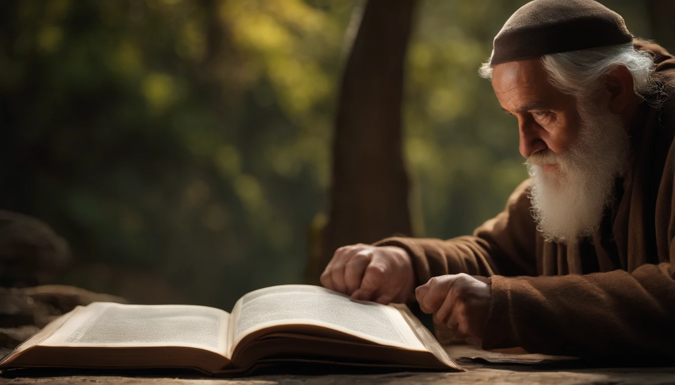 (Biblical times) ao (On the left side of the image is an old man holding a luminous book in his hands) ao (On the right side of the image there is a scary demon) (Biblical times) profundidade de campo, Bokeh, Realismo, fotorrealista, hiper-Realismo, fotografia profissional, 8k UHD , DSLR, HDR , piece of master, melhor qualidade, filme granulado, Pintura fotorrealista, Fujifilm XT3