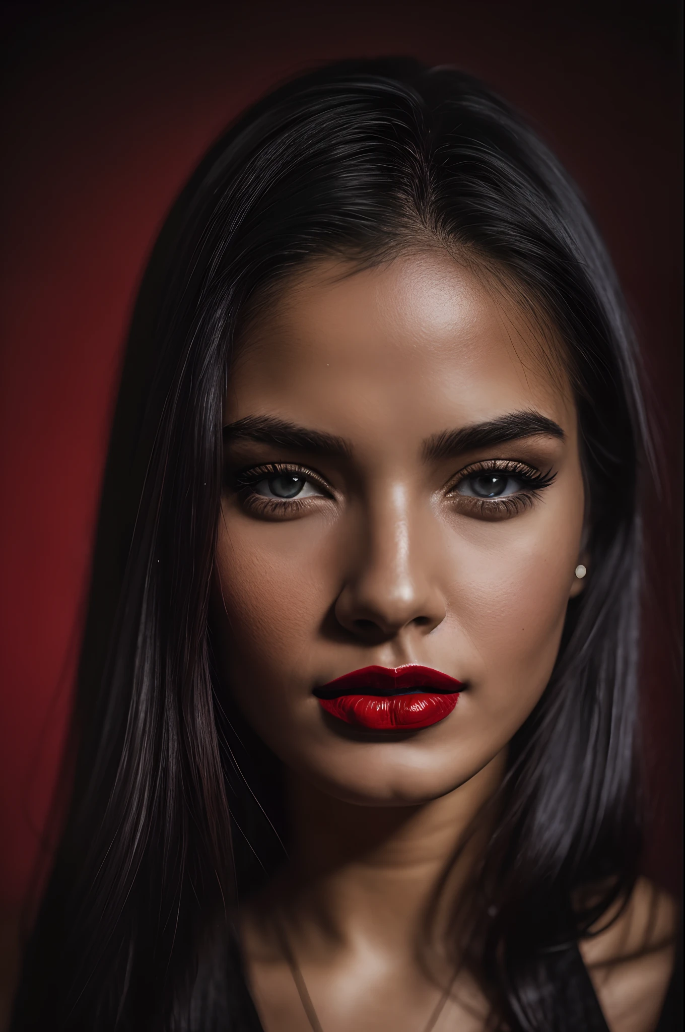 (close-up, editorial photograph of a 21 year old woman), (highly detailed face:1.4) (smile:0.7) (background inside dark, moody, private study:1.3), ((red lipstick)), POV, by lee jeffries, nikon d850, film stock photograph ,4 kodak portra 400 ,camera f1.6 lens ,rich colors ,hyper realistic ,lifelike texture, dramatic lighting , cinestill 800,