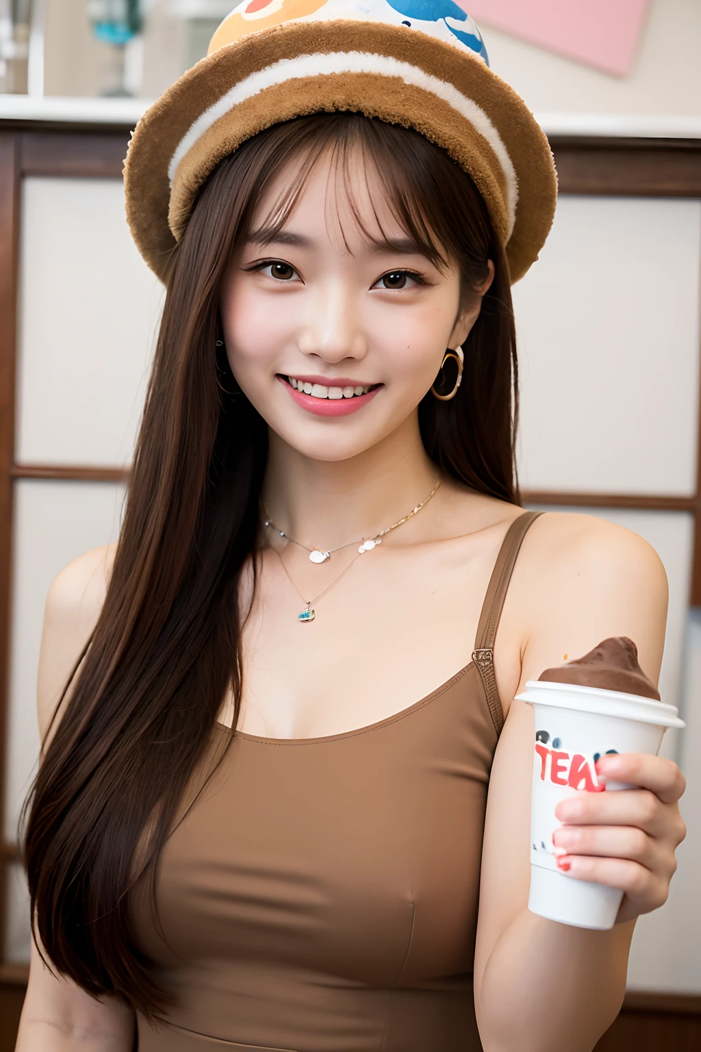 (extra detailed body、extra detailed face、best qualtiy:1.2)、femele、looking at the viewers、(Milk tea brown hair color、Asymmetrical clothing、fashionshow、Fancy piercings、a necklace、a smile、Big wacky hat)、(Cafe in the background)