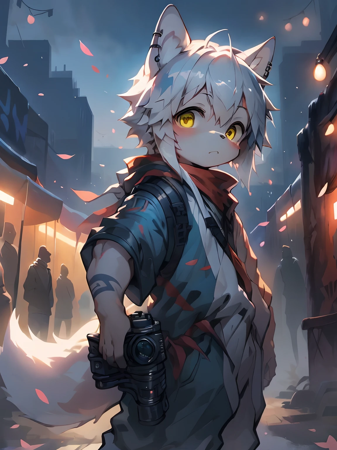 The cutest young fox boy, white hair, yellow eyes, wearing trendy hip hop clothing, tons of tattoos and piercings, graffiti style background, highly detailed background, cherry blossoms blowing in the wind, ambient lights、Natural soft light、Tyndall effect、SLR camera、Advanced film lighting、Unreal Engine5、Extremely realistic、A high resolution、adolable，by Pino Daeni, canyne khai, milkytiger1145, Dagasi, Yupa, perfect masterpiece, high quality, high resolution