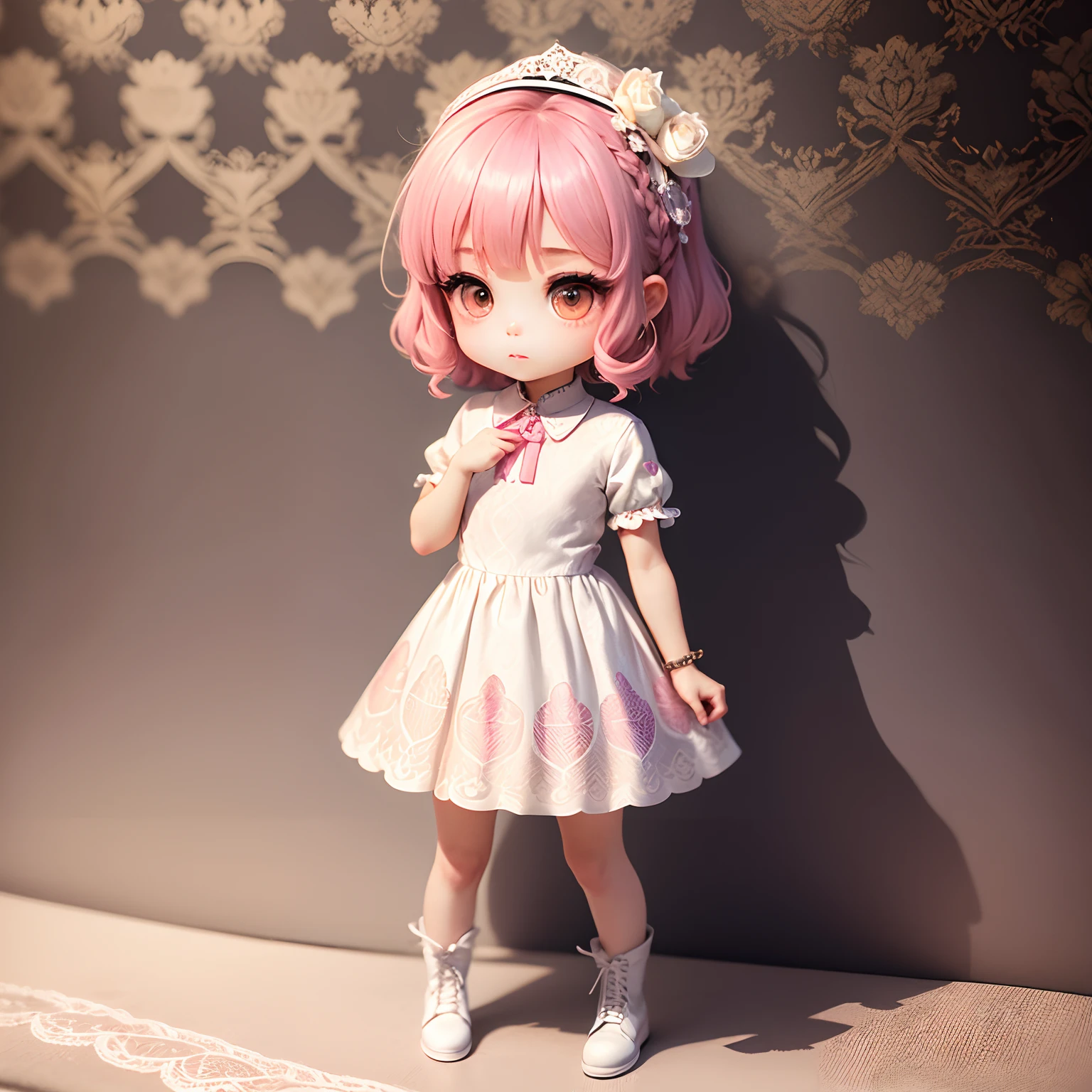 (cowboy shot,short curly hair), 1girl, solo, dollfiedream, doll, mature, short hair, blue eyes, looking at viewer, white dress, full body, blush, (maroon hair), swept bangs, doll joints, bjd, photorealistic, joint seams, glass eyes, shiny eyes, round eyes, long eyelashes, absurdres, best_quality, uhd, masterpiece, 8k,