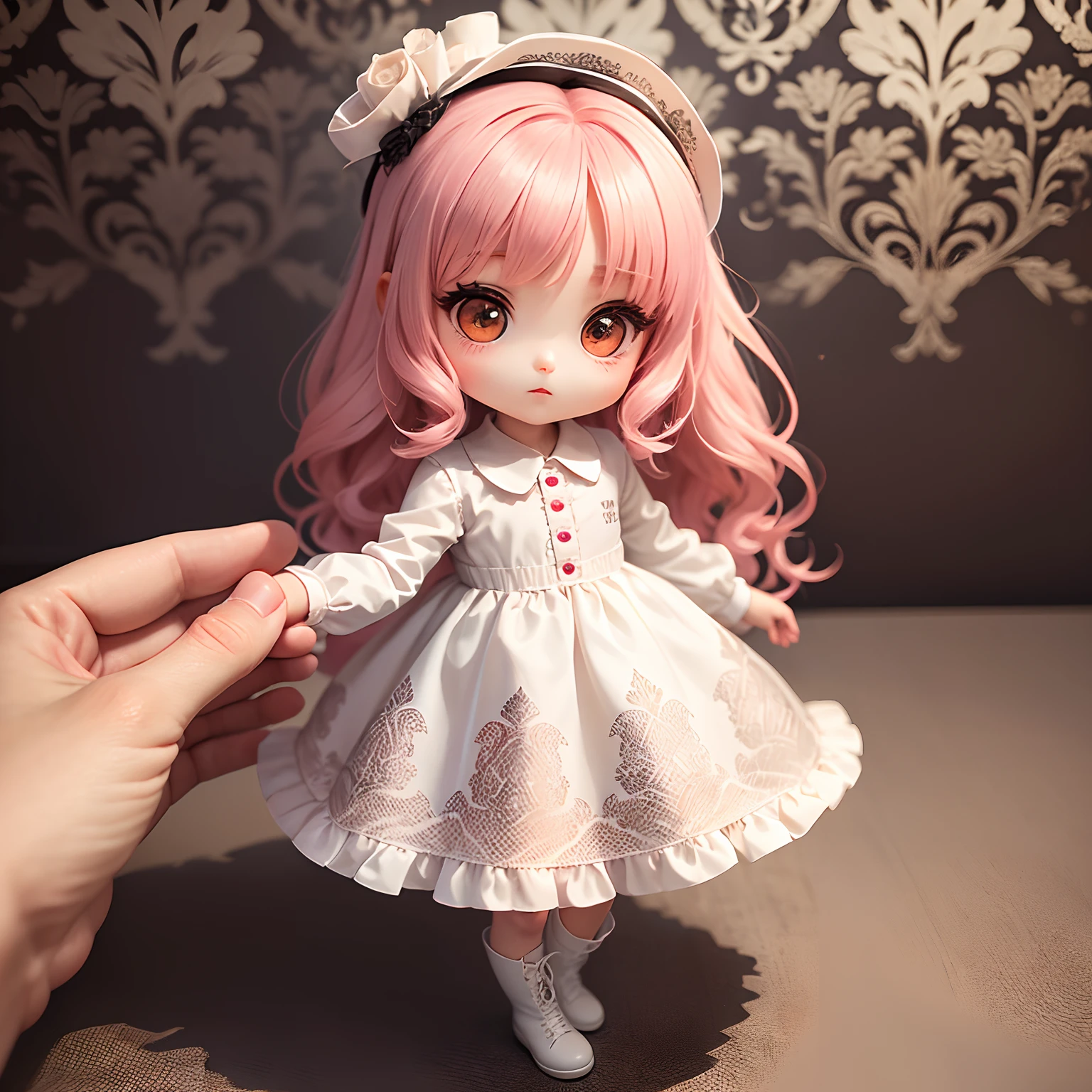 masterpiece、top-quality、ultra-detailliert、(Chibi Chara's Daughter:1.2)、(off-white damask pattern shirt dress:1.3)、Dark pink hair、White fascinator、White braided boots、The background is wallpaper with a fine heart pattern