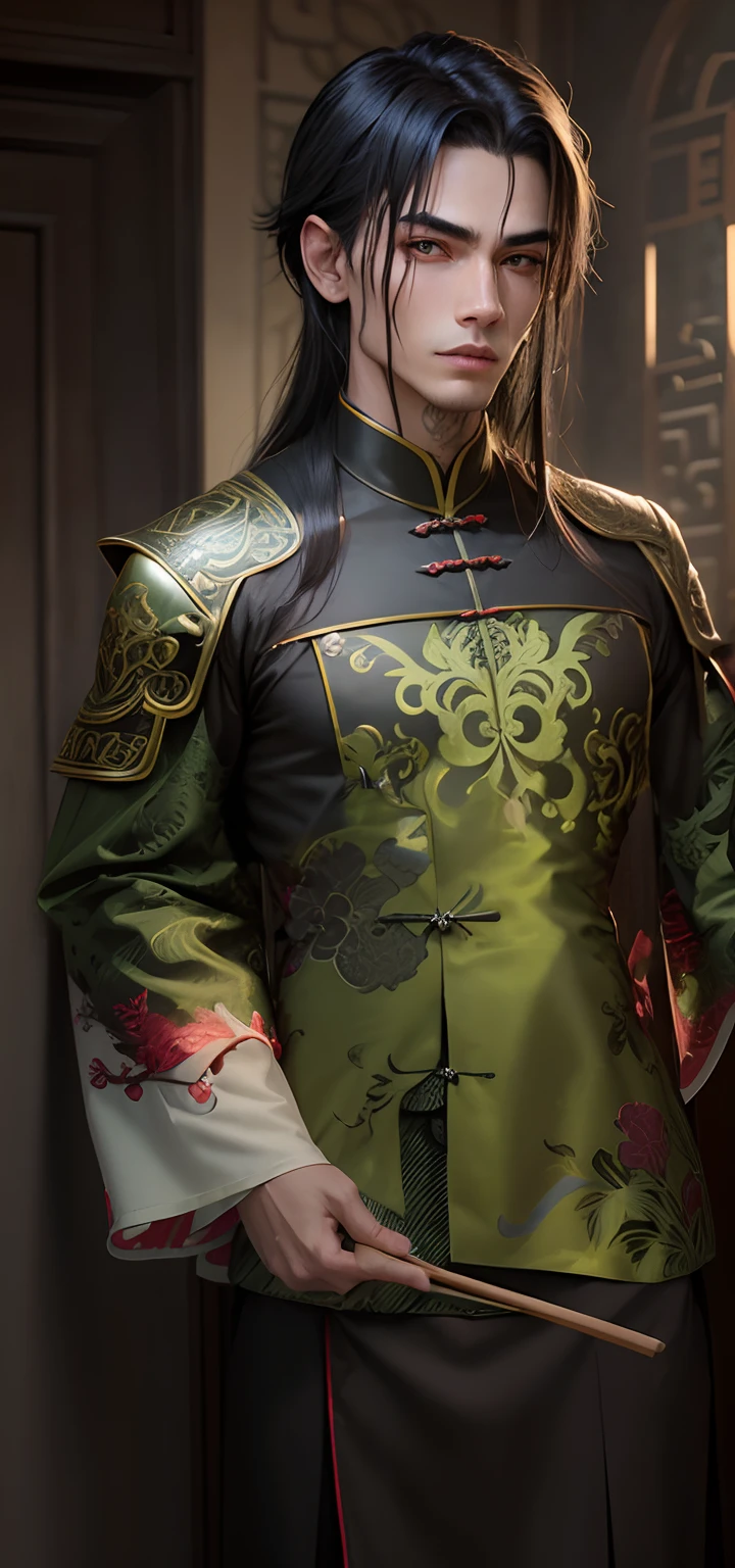 Homem, homem jovem, Chinese, vampiro, rosto jovem e bonito, cabelos longos e verdes, cabelos verdes, olhos vermelhos, pele clara