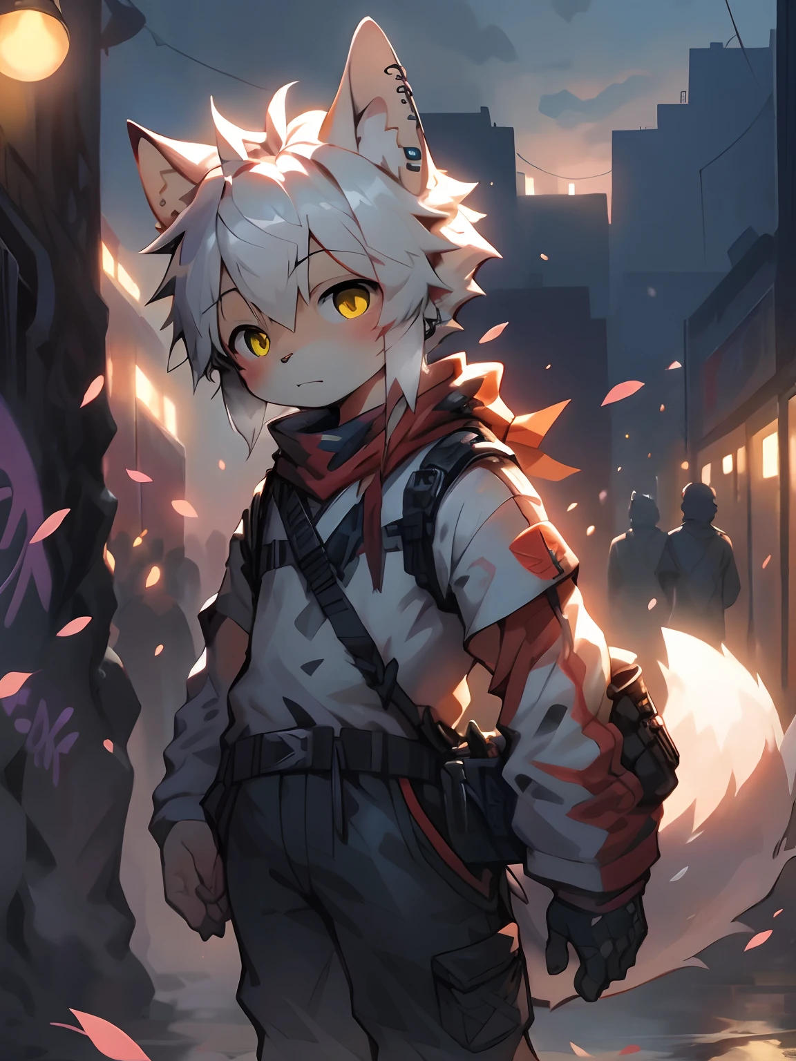 The cutest young fox boy, white hair, yellow eyes, wearing trendy hip hop clothing, tons of tattoos and piercings, graffiti style background, highly detailed background, cherry blossoms blowing in the wind, ambient lights、Natural soft light、Tyndall effect、SLR camera、Advanced film lighting、Unreal Engine5、Extremely realistic、A high resolution、adolable,by Pino Daeni, canyne khai, milkytiger1145, Dagasi, Yupa, perfect masterpiece, high quality, high resolution