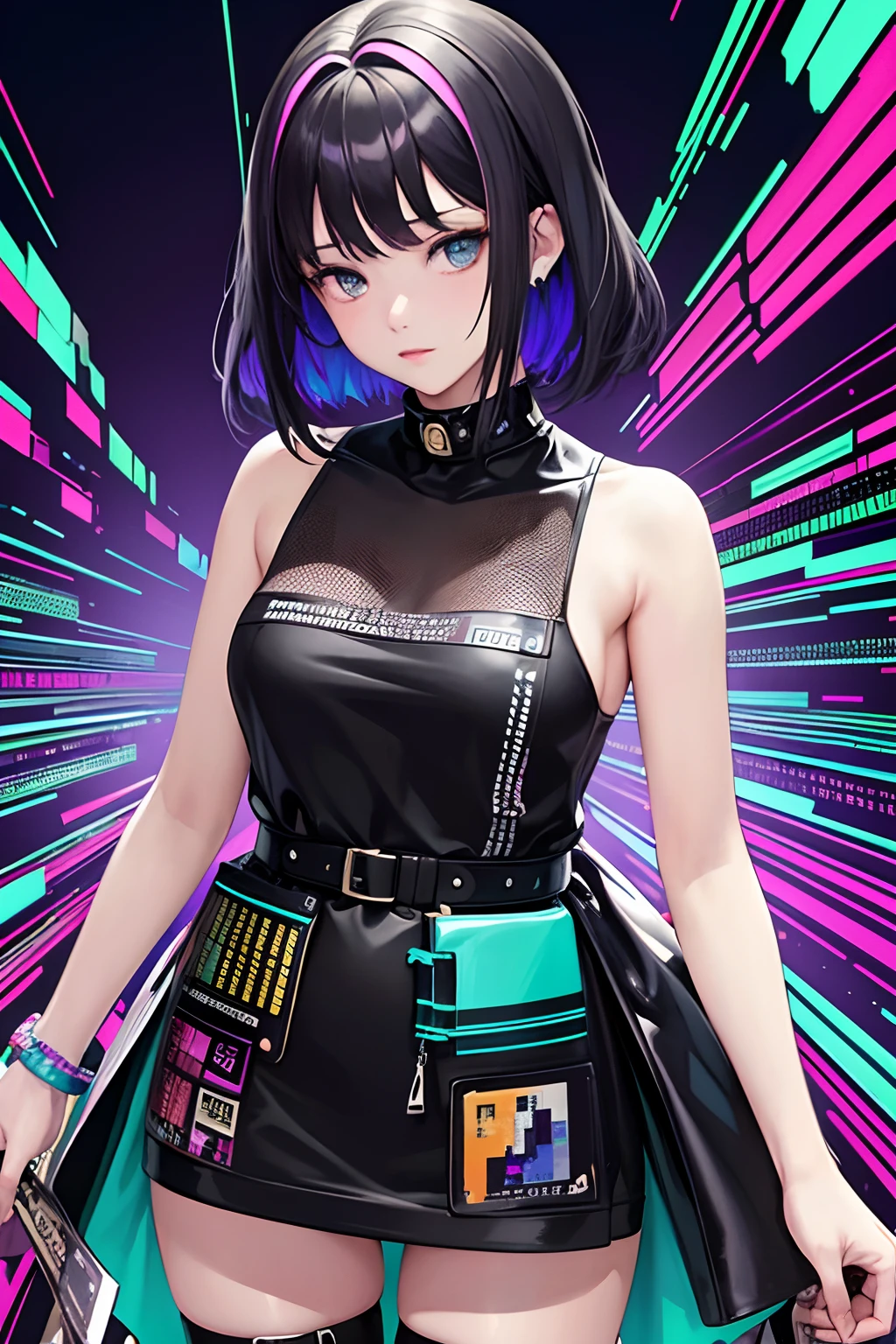 (masterpiece, top quality, best quality, official art, beautiful and aesthetic:1.2), 1girl, glitch art, (digital distortion), pixelated fragments, data corruption,colorful noise, visual chaos,contemporary aesthetics