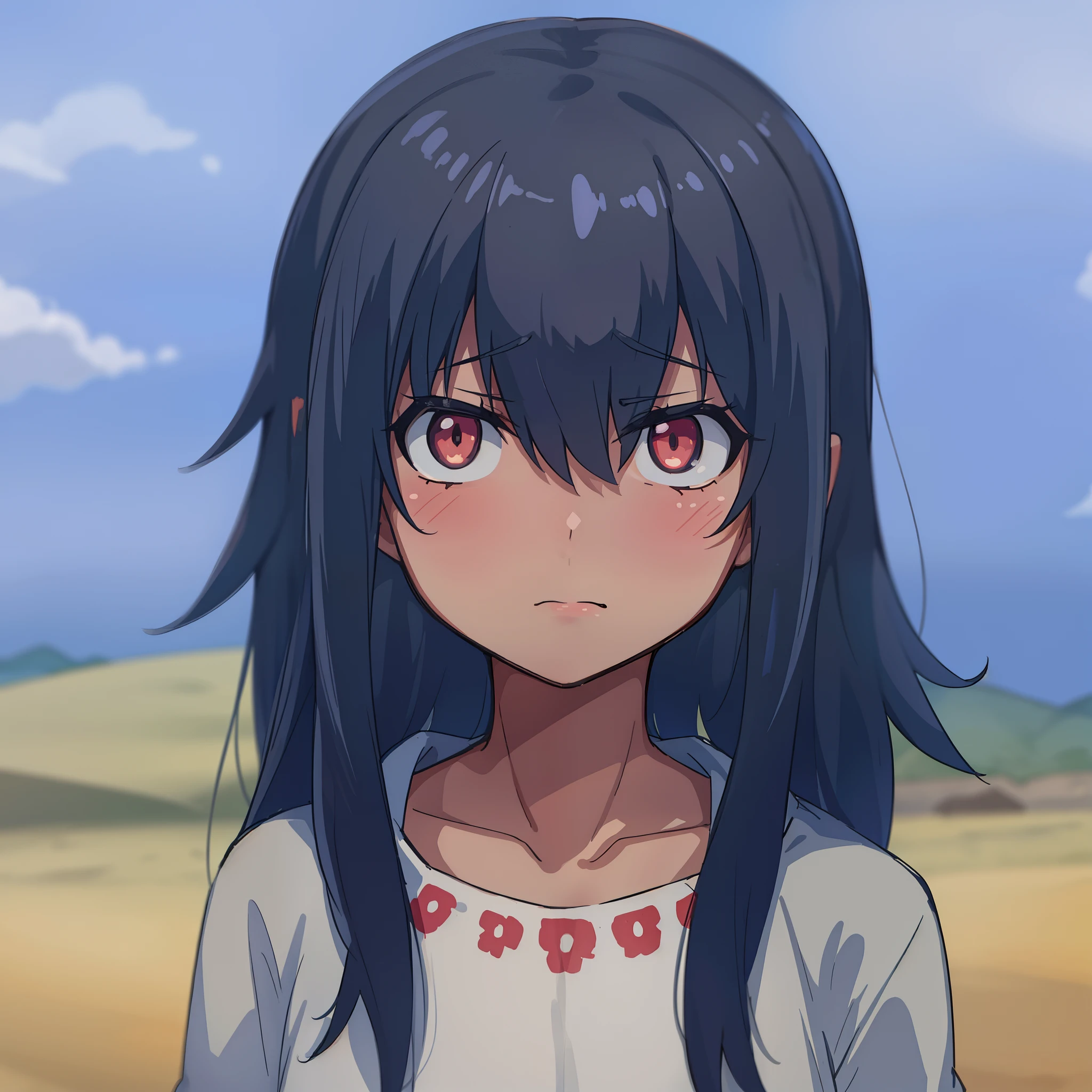 A  girl. indian. red patterns on the face.  suntanned skin. disheveled hair. Native American clothing. dark colored hair. calm face. Narrow mouth against the background of the steppe