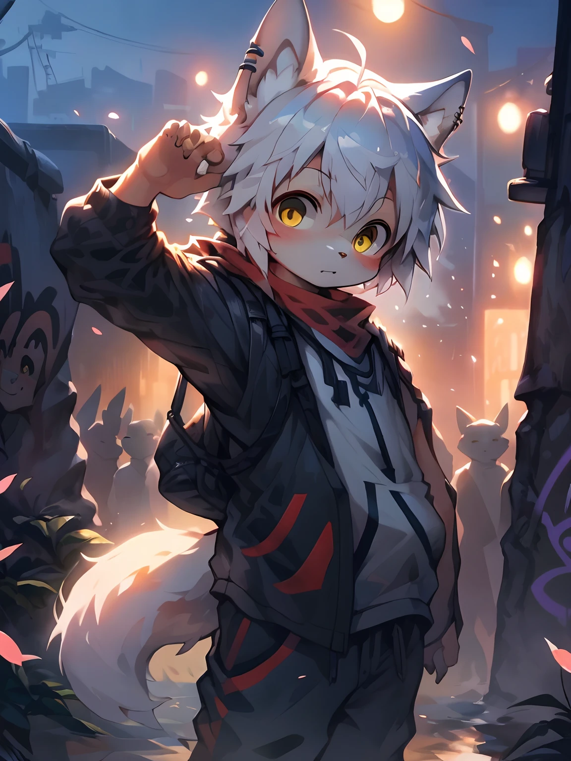 The cutest young fox boy, white hair, yellow eyes, wearing trendy hip hop clothing, tons of tattoos and piercings, graffiti style background, highly detailed background, cherry blossoms blowing in the wind, ambient lights、Natural soft light、Tyndall effect、SLR camera、Advanced film lighting、Unreal Engine5、Extremely realistic、A high resolution、adolable,by Pino Daeni, canyne khai, milkytiger1145, Dagasi, Yupa, perfect masterpiece, high quality, high resolution