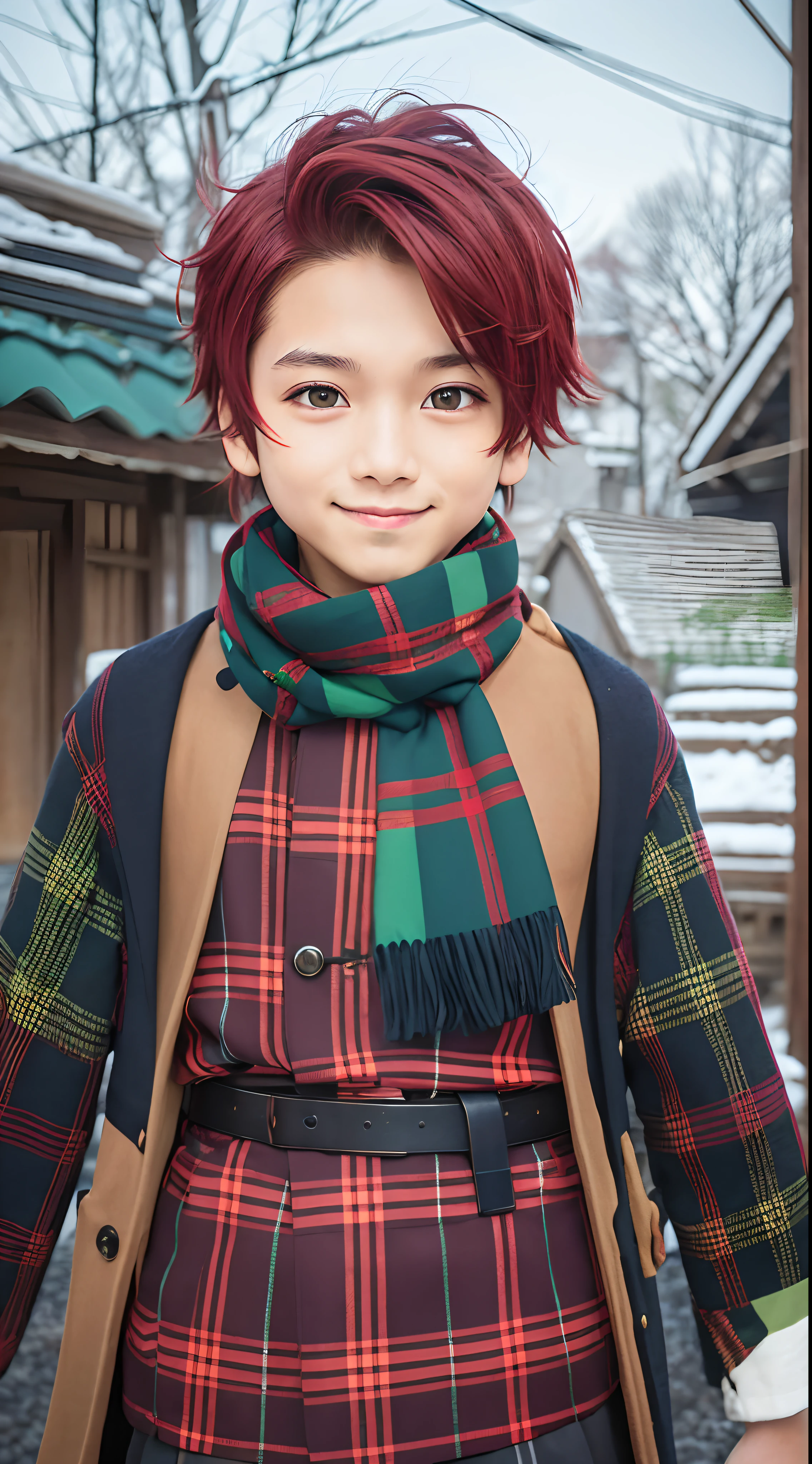 Tanjiro Kamado,1 boy,(Short red hair),Black and green plaid haori,(blue scarf),masutepiece,Best Quality,Solo,A smile、cowboy  shot,Boy