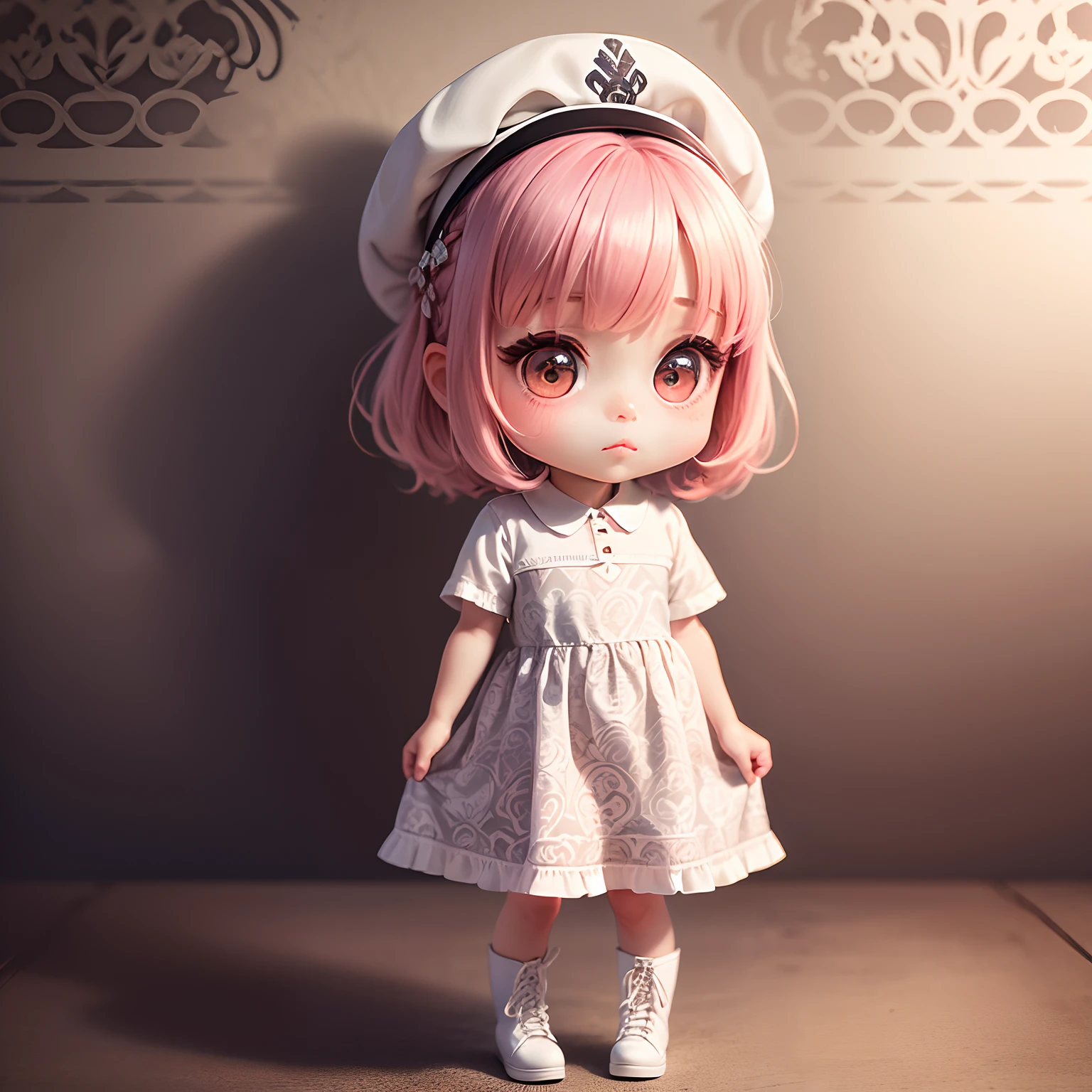 ​masterpiece、top-quality、ultra-detailliert、(Chibi Chara's Daughter:1.2)、(Off-white damask pattern shirt dress:1.3)、dark pink hair、White Facinator、White braided boots、The background is wallpaper with a fine heart pattern