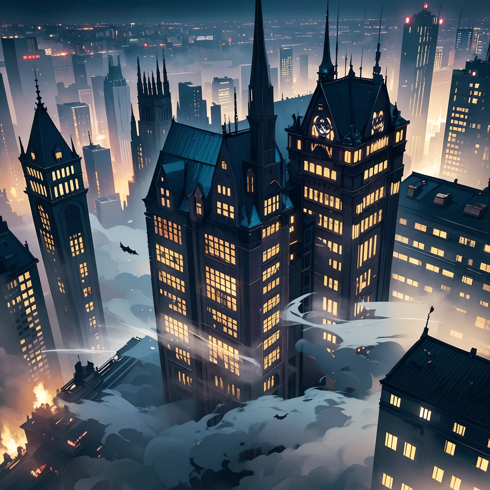 Batman City Gotham City with Batman Moon Various Bats City at Night with Smoke Gotham City Scenery Background Scenery with floor floor smoke various buildings