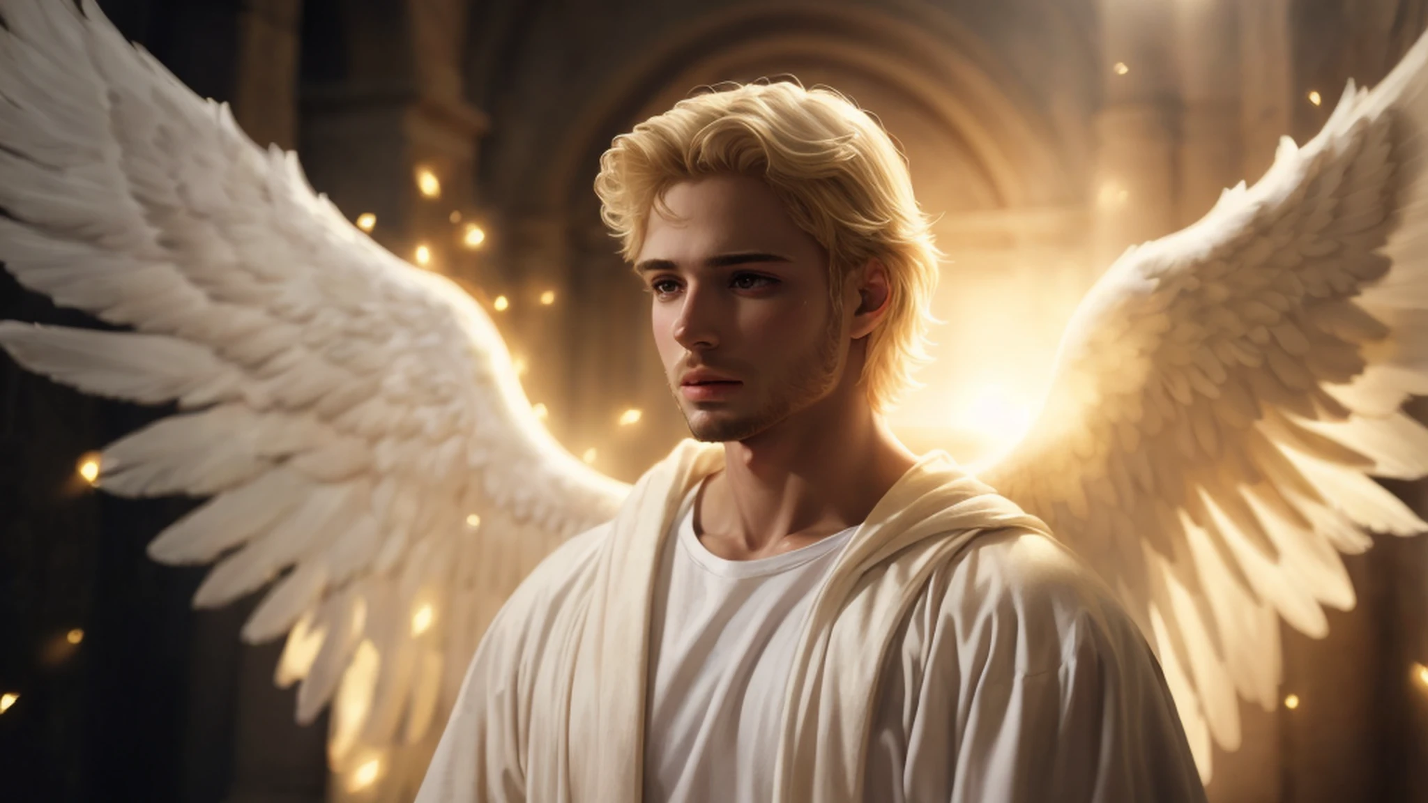 Anjo macho arafed com asas brancas em um quarto escuro, biblical accurate angel, Retrato de um anjo bonito, anjo bonito, Anjo majestoso de corpo inteiro, de anjo lindo, angelic, being brilliant angelic, arcanjo, portrait of magical blond prince, anjo protegendo o homem, anjo biblicamente acuado, angelic, anjo biblicamente preciso, Angelic Light