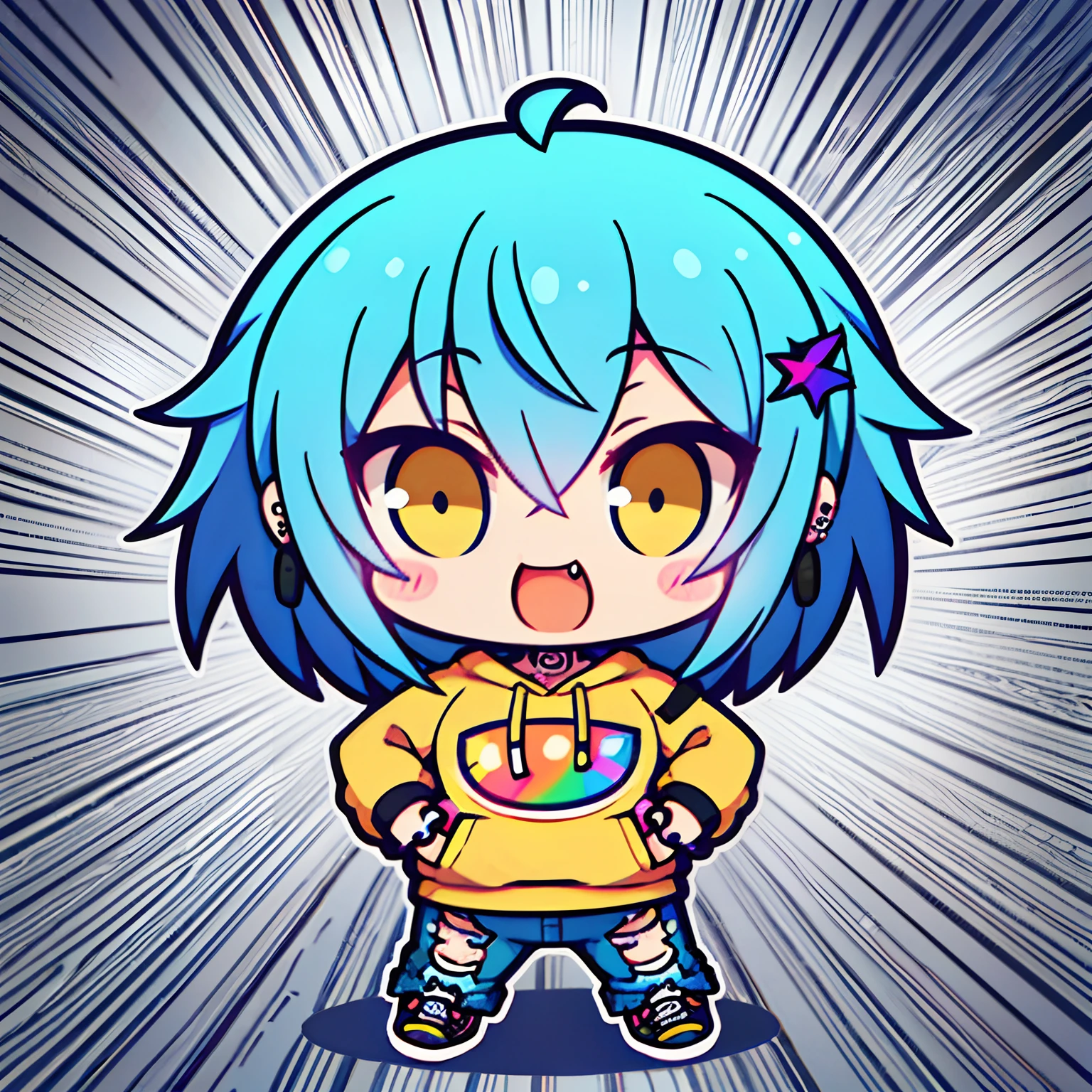 The cutest punk rock chibi girl, rainbow colored hair, yellow eyes, wearing a hoodie graphic t-shirt headphones and torn skinny jeans, tattoos and piercings, skateboard, graffiti background, perfect masterpiece, high quality, high resolution