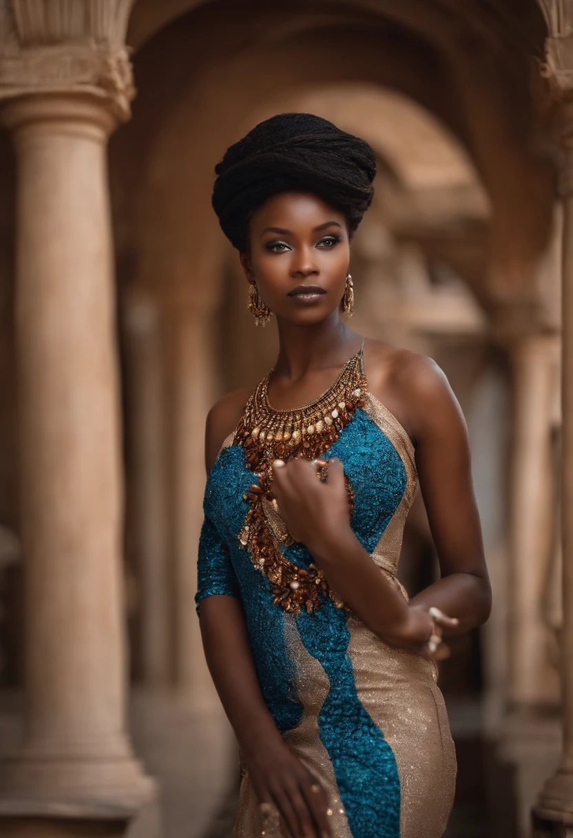 fille, africain, noir, les yeux marron, cheveux longs, to 19 years ,porter une belle robe ,setting the target, corps entier
