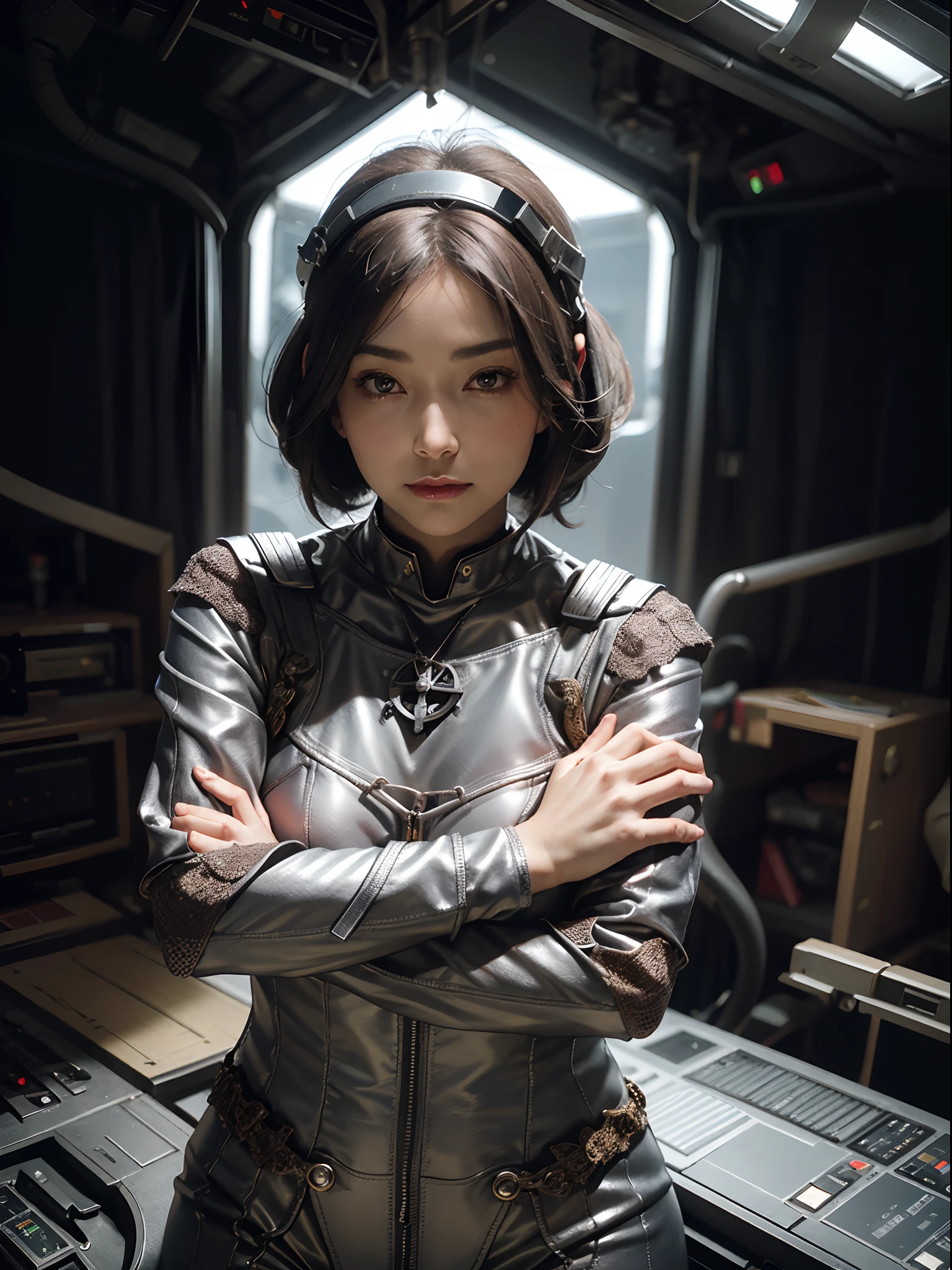 Outstanding picture quality, outstanding details, Ultra-high resolution, (Realism: 1.4), ((close up:0.75)), the best illustration, favor details, Highly concentrated for 1 woman, beautiful and delicate face, Perfectly proportioned, (Slim:0.3, little chest), (Wear a tight-fitting monolithic monochrome silver Starfleet suit, Costume color: Metallic silver, The captain's bridge of the spaceship, control console